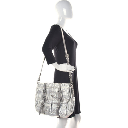 Prada Metallic Nappa Gaufre Messenger Tote Silver 2 of 14