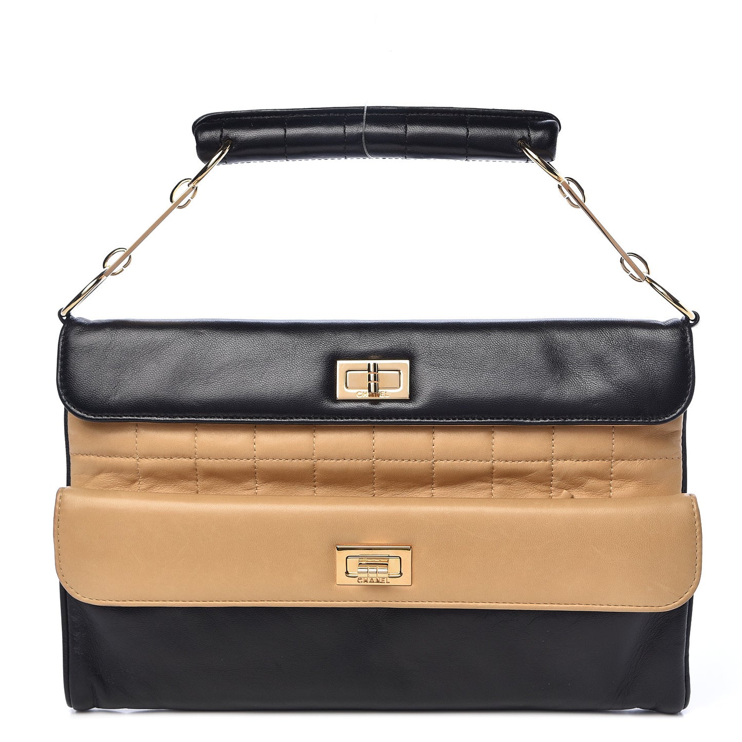 Lambskin Chocolate Bar Mademoiselle Double Flap Clutch Beige Black
