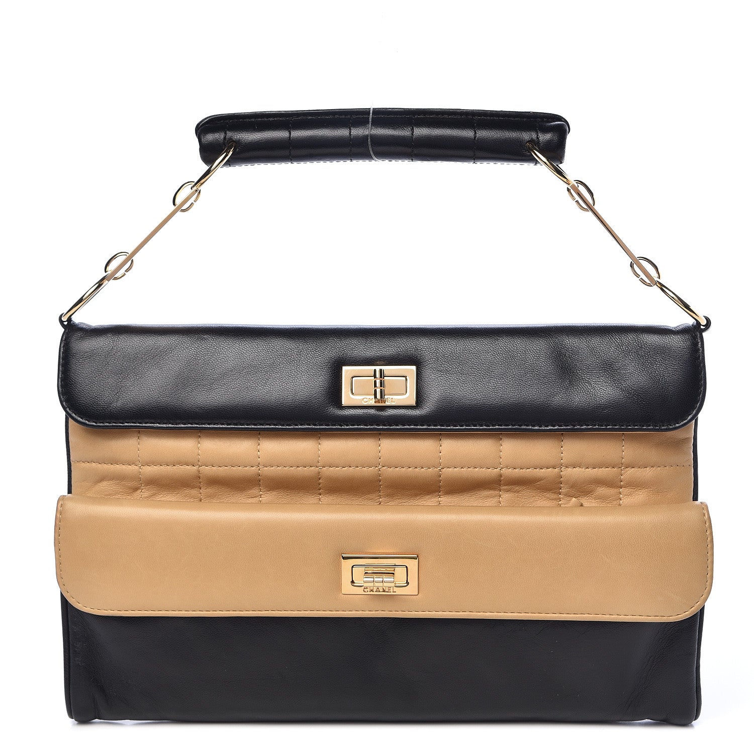Chanel Lambskin Chocolate Bar Mademoiselle Double Flap Clutch Beige Black 1 of 11