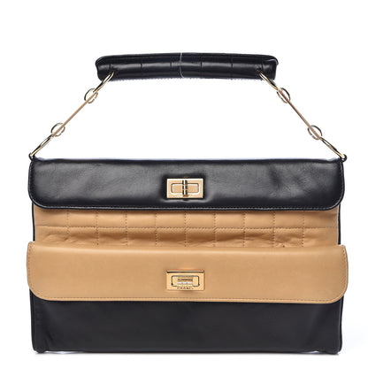 Chanel Lambskin Chocolate Bar Mademoiselle Double Flap Clutch Beige Black 1 of 11
