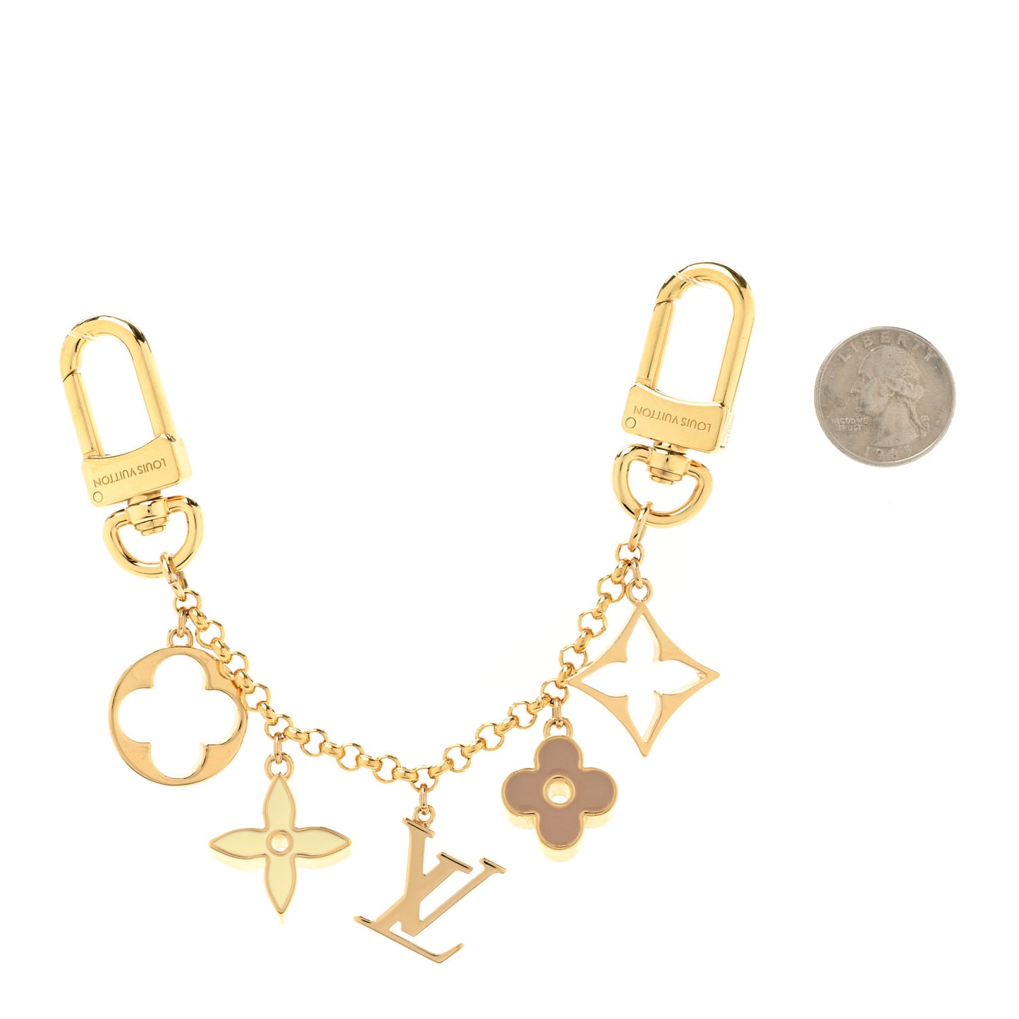 Brass Enamel Fleur De Monogram Bag Charm Chain Gold