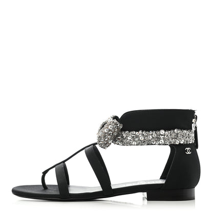 Chanel Grosgrain Sequin Beaded Bow Sandals 37.5 Black 1 of 9