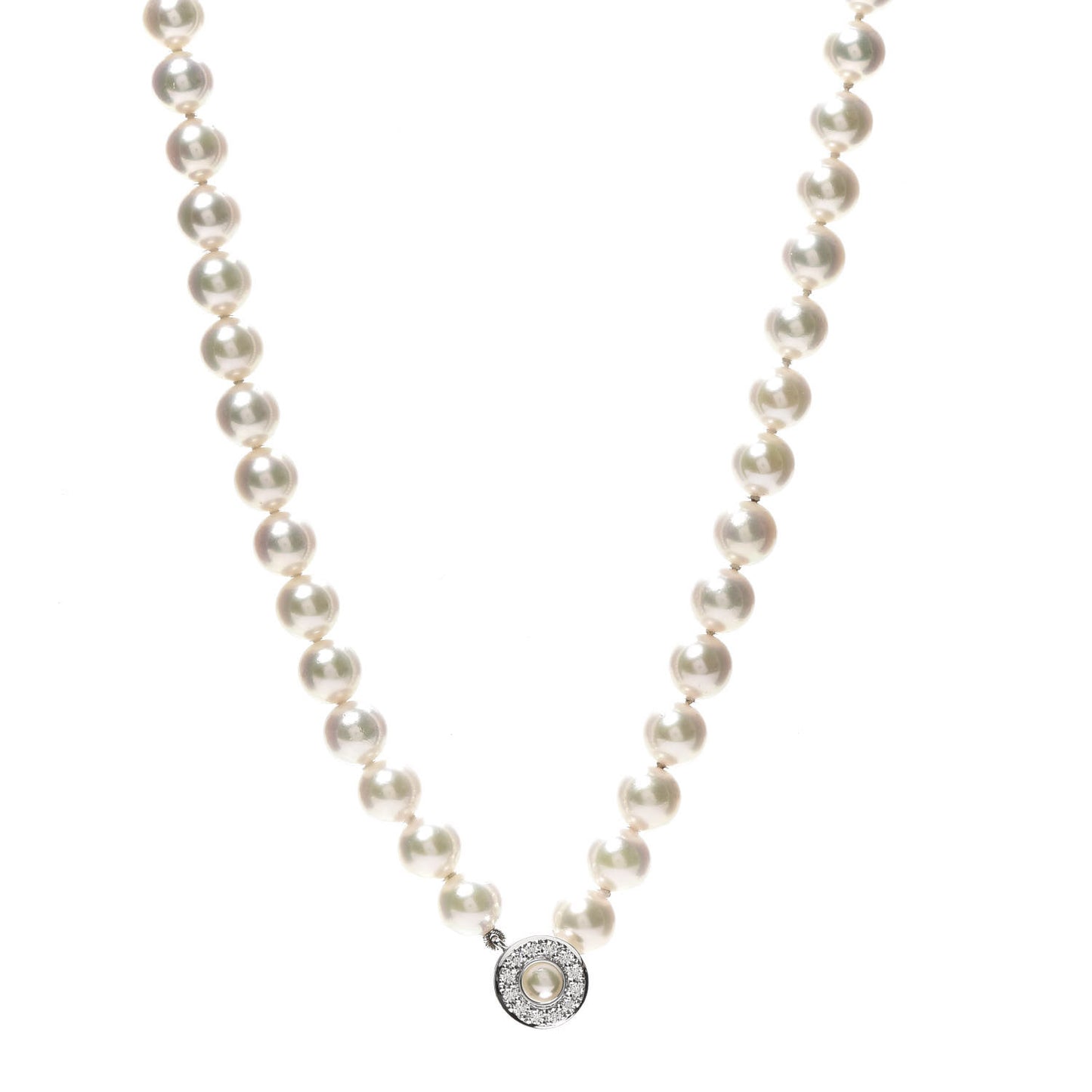 18K White Gold Diamond Akoya Pearl 7-7.5mm Lariat Strand Necklace