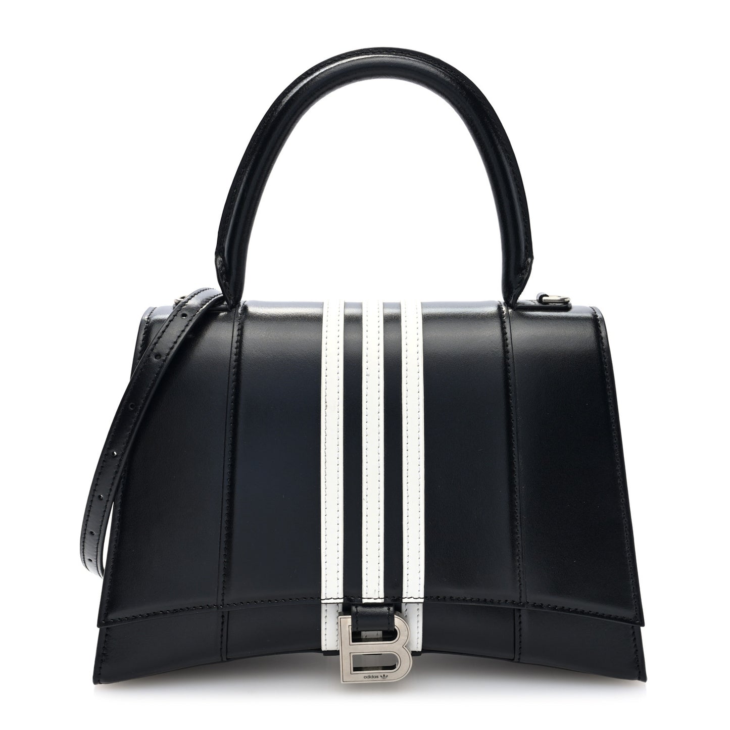 X ADIDAS Shiny Box Calfskin Medium Hourglass Top Handle Bag Black White