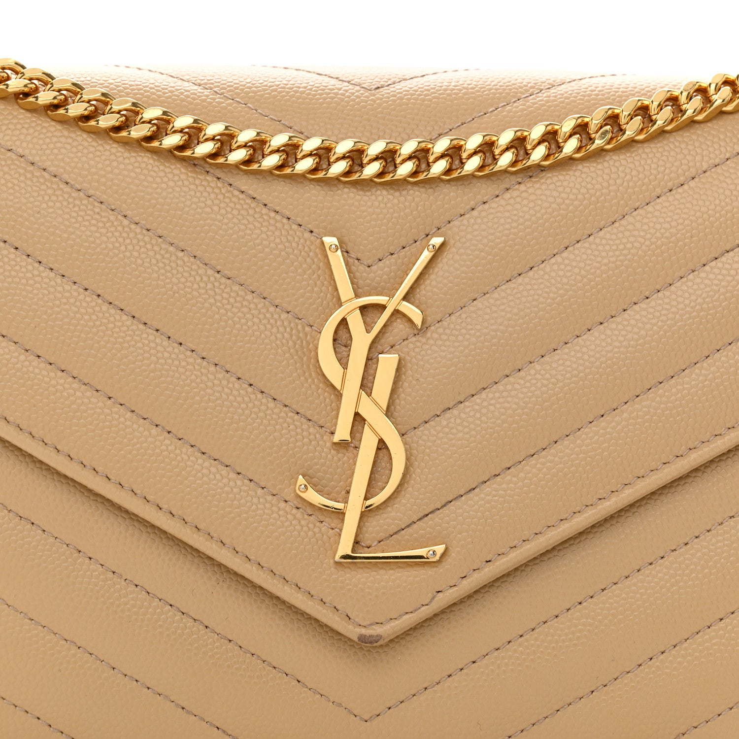 Saint Laurent Grain De Poudre Matelasse Chevron Monogram Chain Wallet Dark Beige 11 of 19