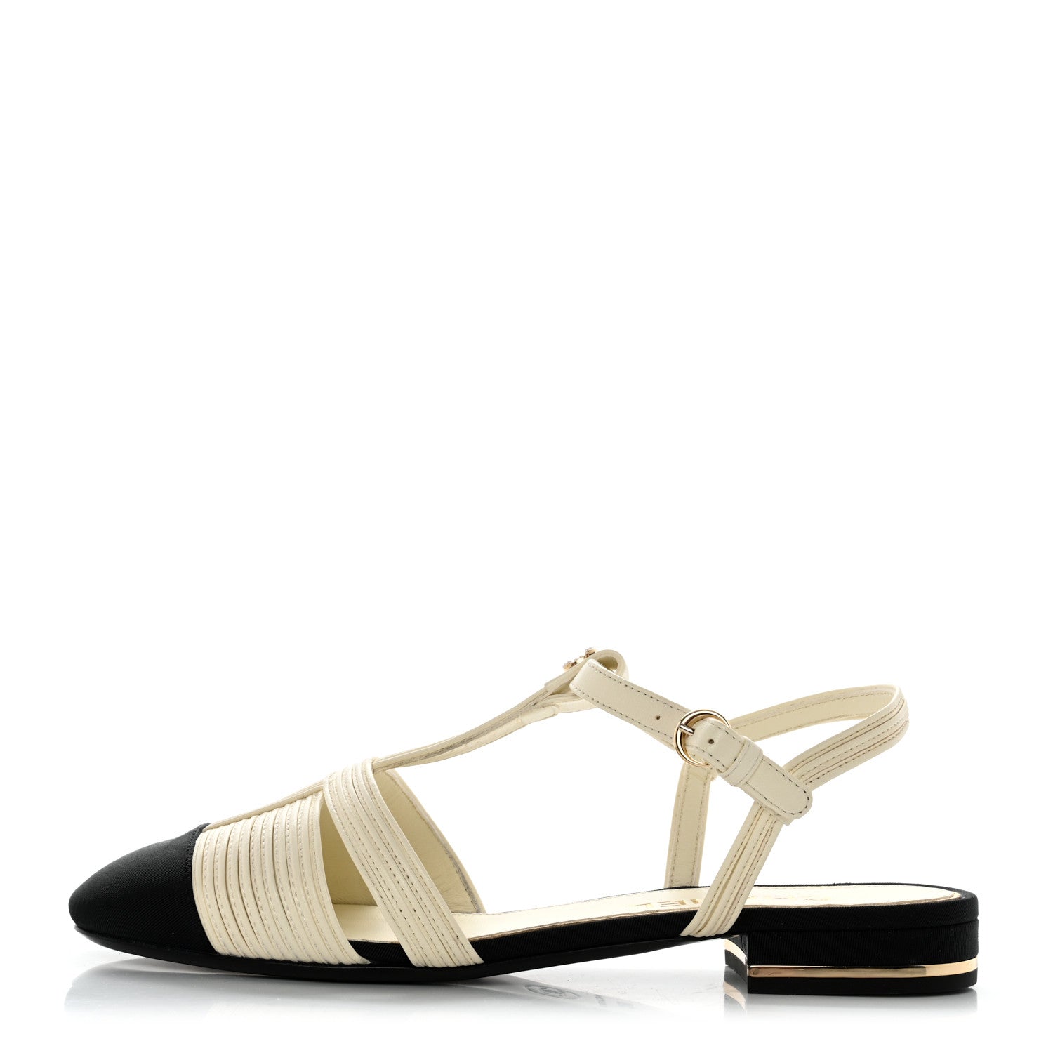 Chanel Lambskin Grosgrain Pearl CC Cap Toe Open Sandals 37 Ivory Black 1 of 10