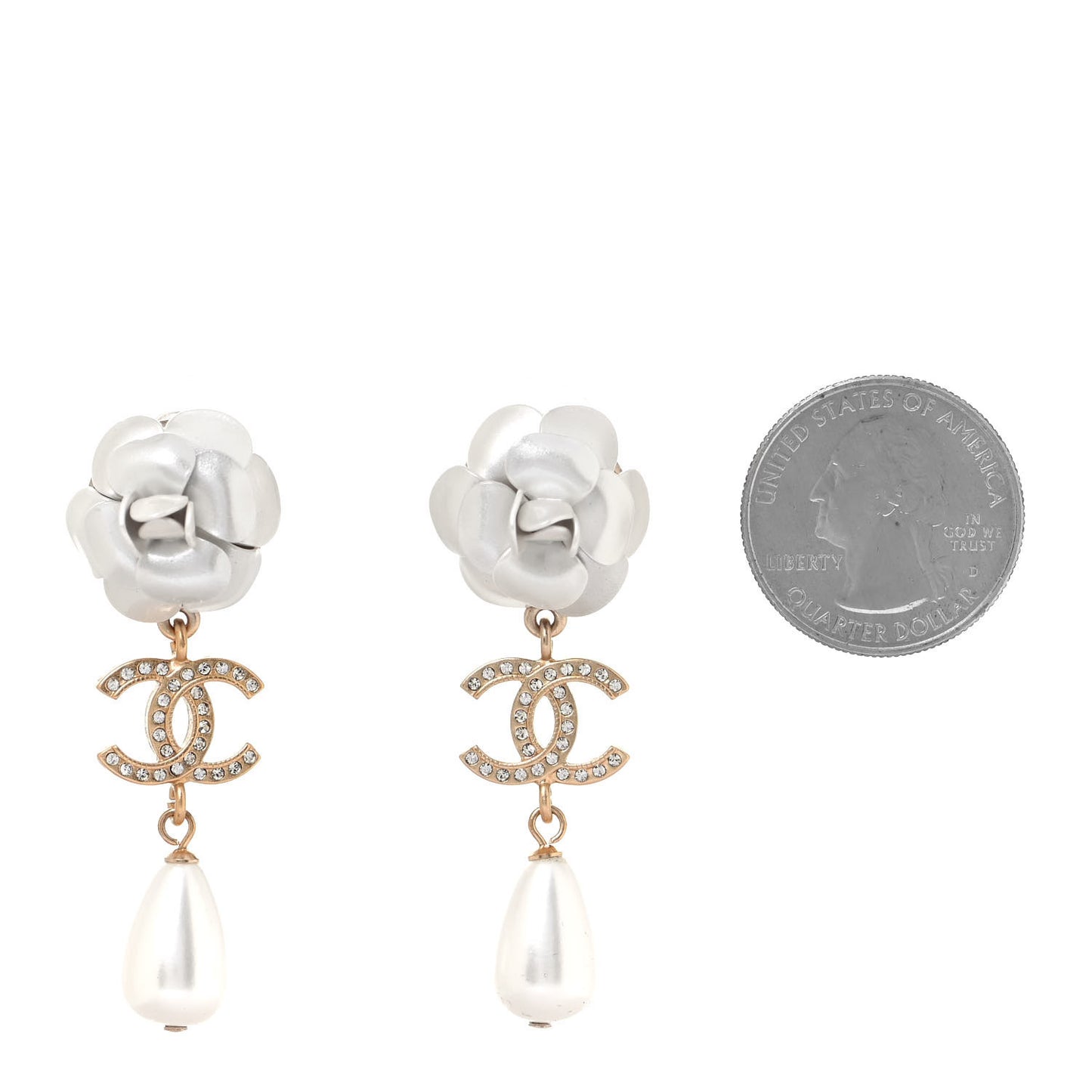 Metal Crystal Pearl 90s Camellia CC Drop Earrings Gold
