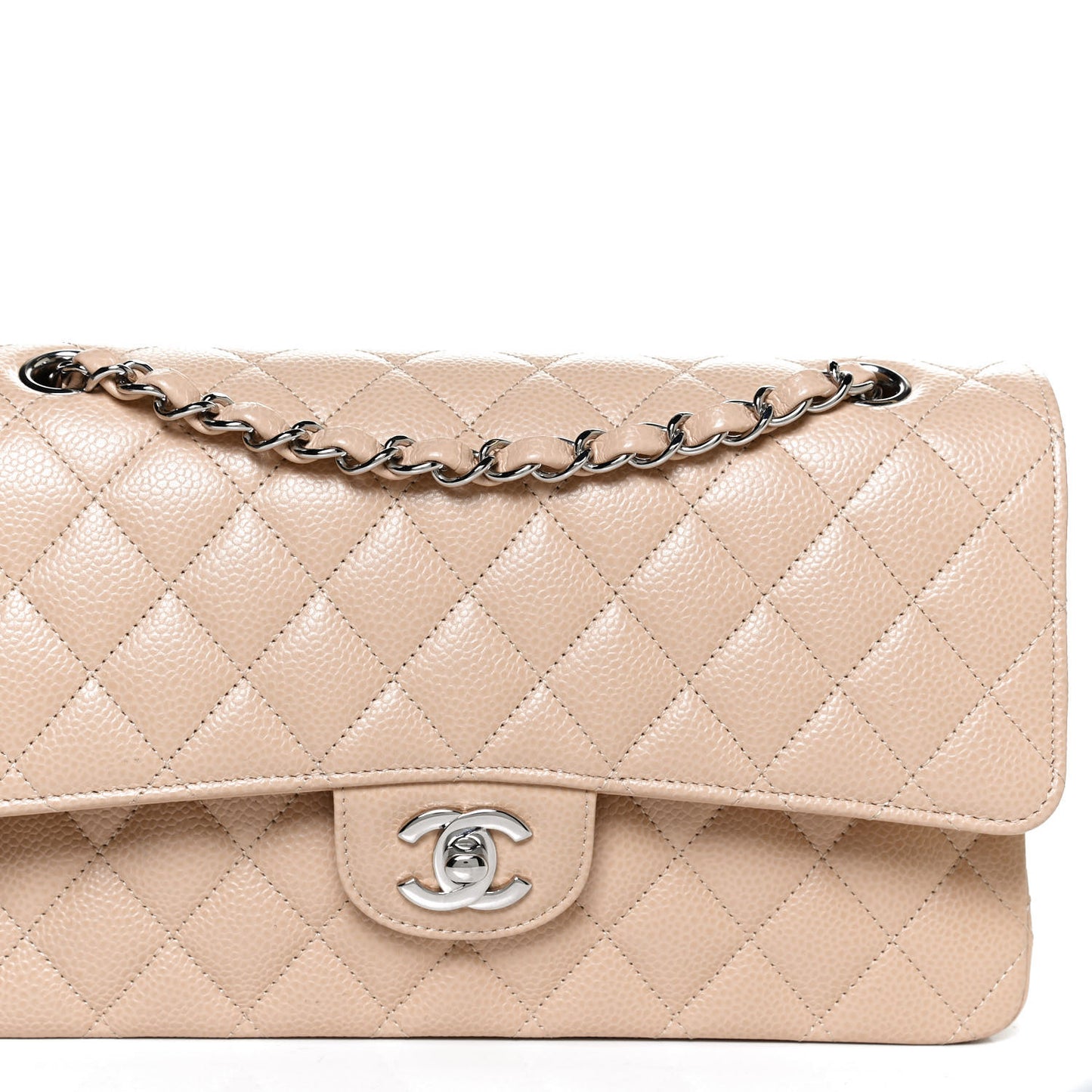Caviar Quilted Medium Double Flap Beige