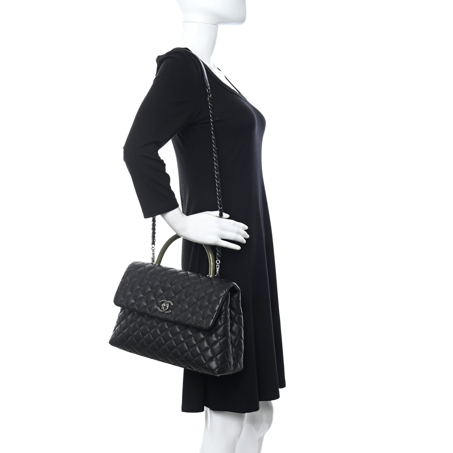 Chanel Caviar Lizard Quilted Medium Coco Handle Flap Black Green 2 of 11