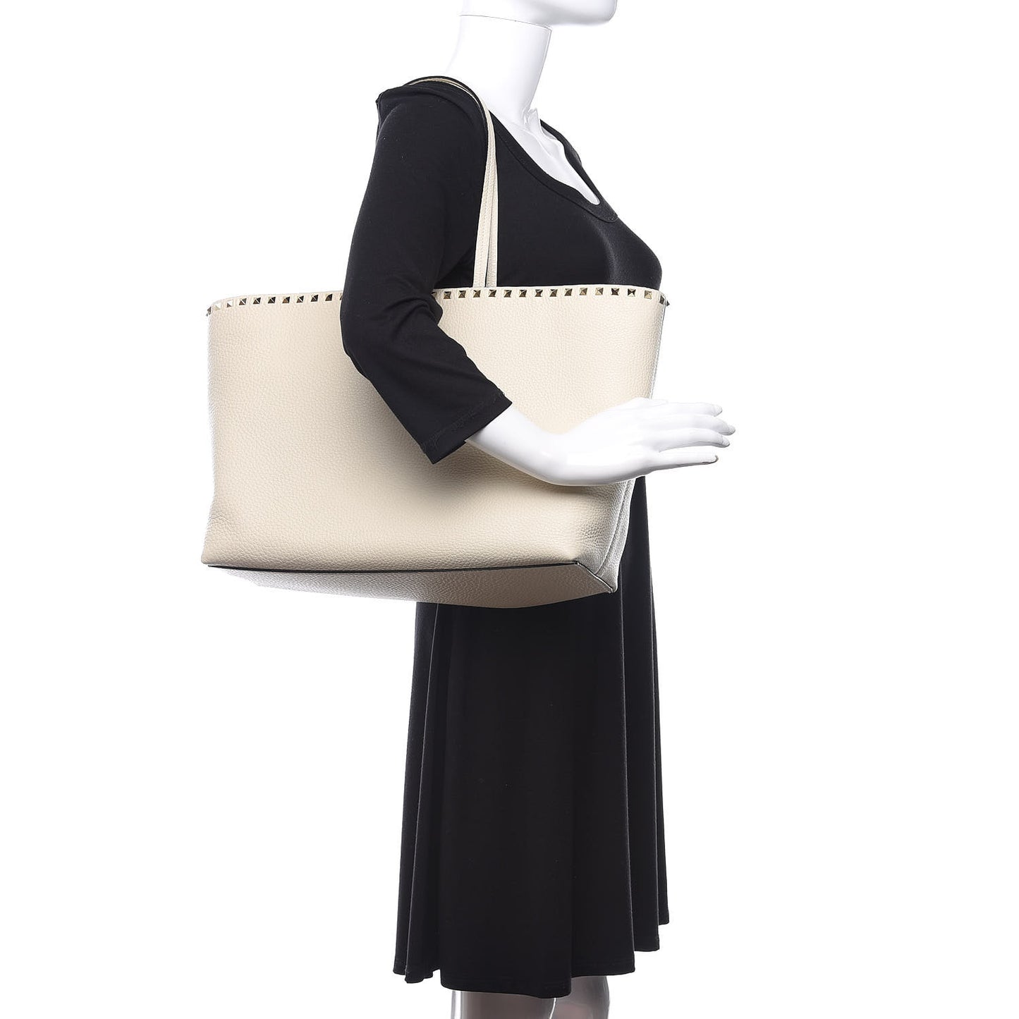 Grained Calfskin Rockstud Shoulder Tote Optic White