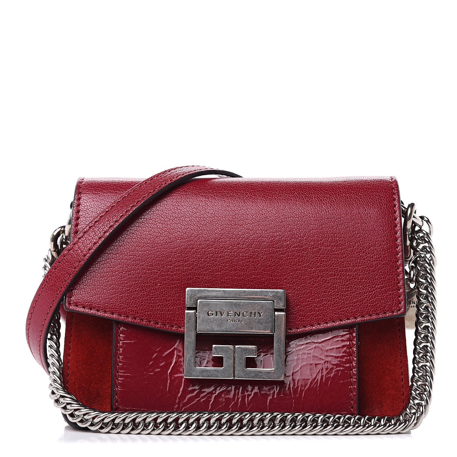 Givenchy Crinkled Patent Goatskin Suede Mini GV3 Shoulder Bag Fig Pink Cherry 1 of 9
