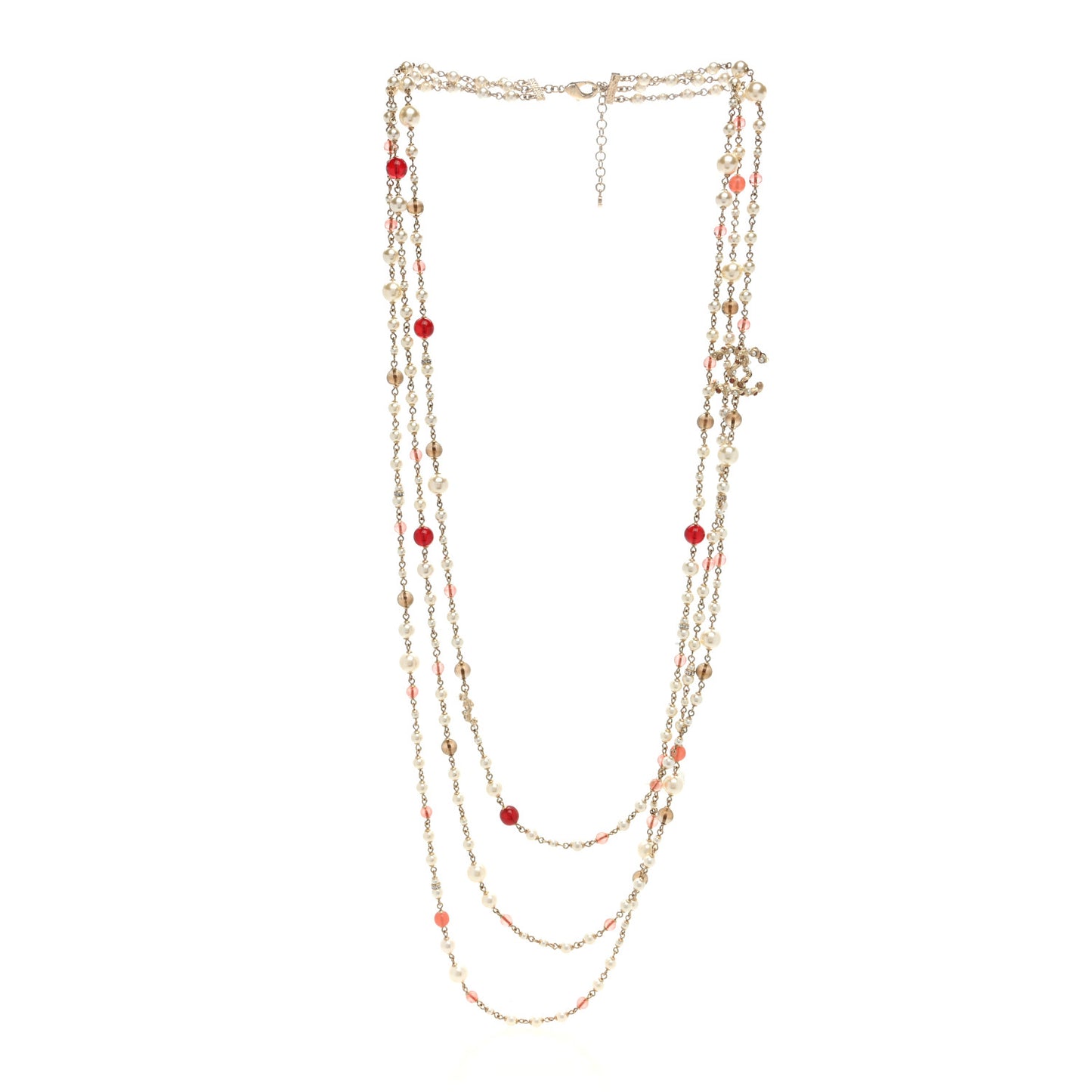 Pearl Bead Multi Strand CC Long Necklace Gold