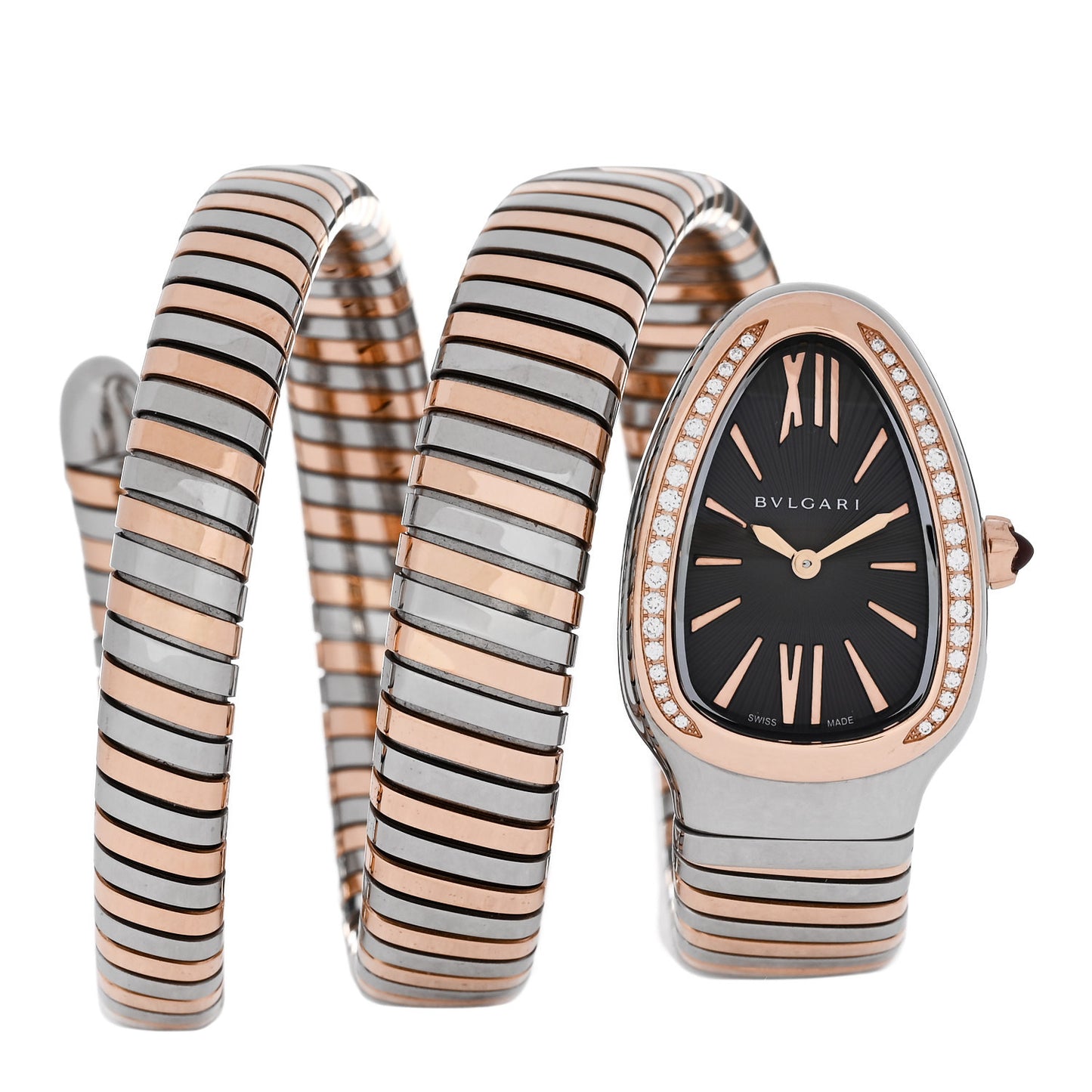 Stainless Steel 18K Rose Gold Diamond Bezel 35mm Serpenti Tubogas Double Spiral Quartz Watch Black