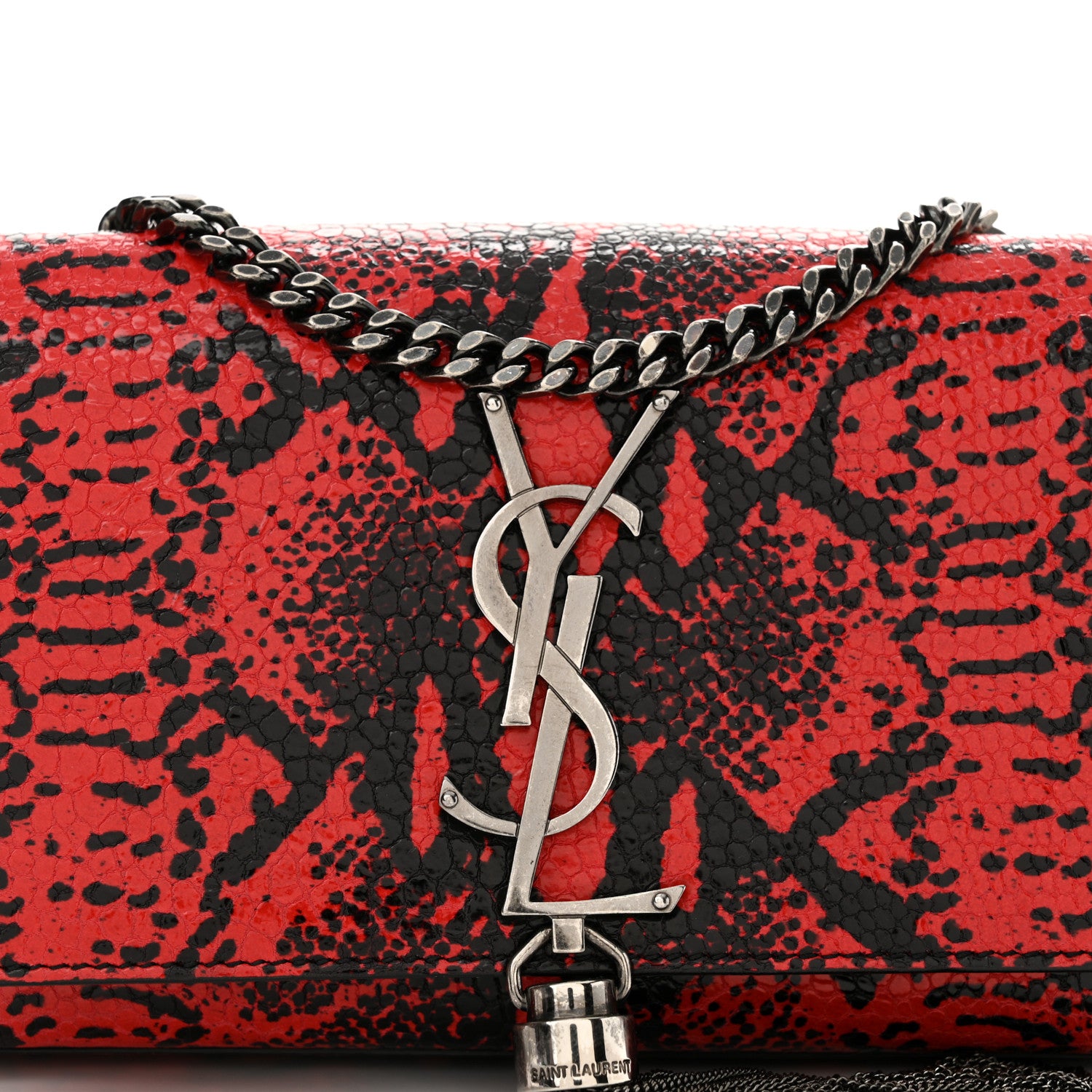 Saint Laurent Calfskin Snakeskin Embossed Small Classic Monogram Kate Tassel Satchel Red Black 8 of 12