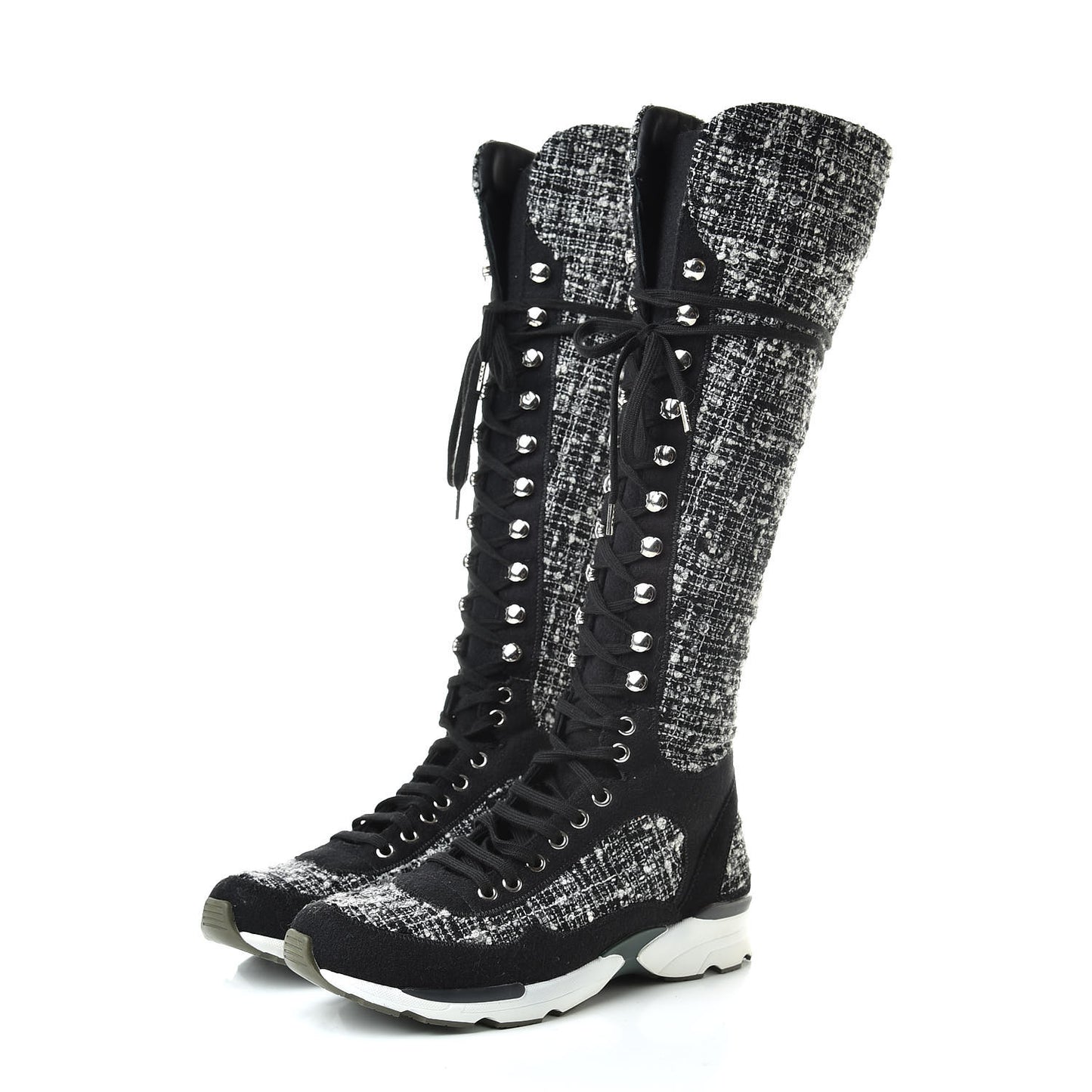 Tweed Suede Calfskin Sneaker High Boots 38.5 Black White