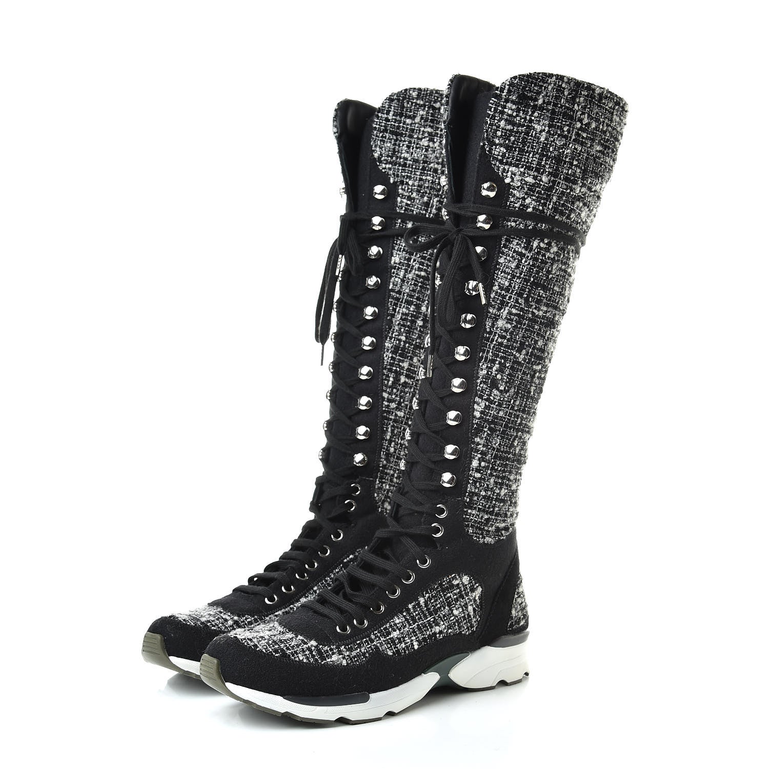 Chanel Tweed Suede Calfskin Sneaker High Boots 38.5 Black White 3 of 6