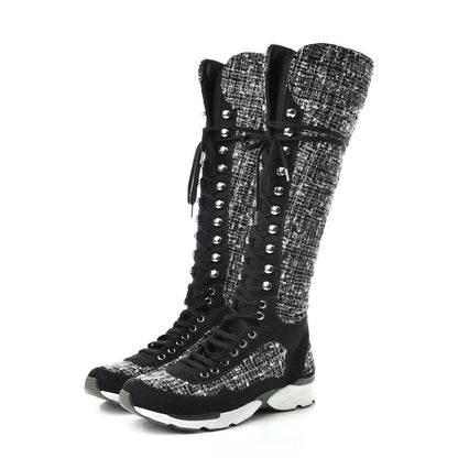 Chanel Tweed Suede Calfskin Sneaker High Boots 38.5 Black White 3 of 6