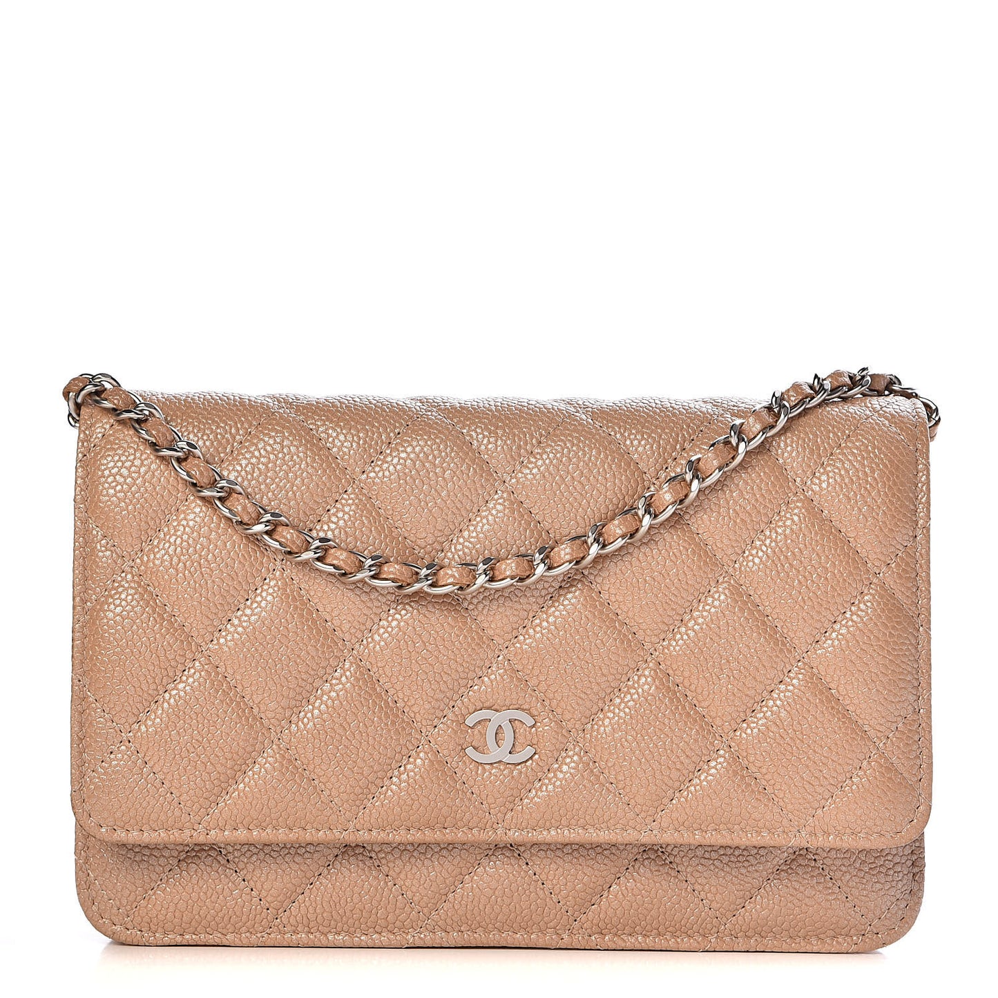 Pearly Caviar Quilted Wallet On Chain WOC Dark Beige