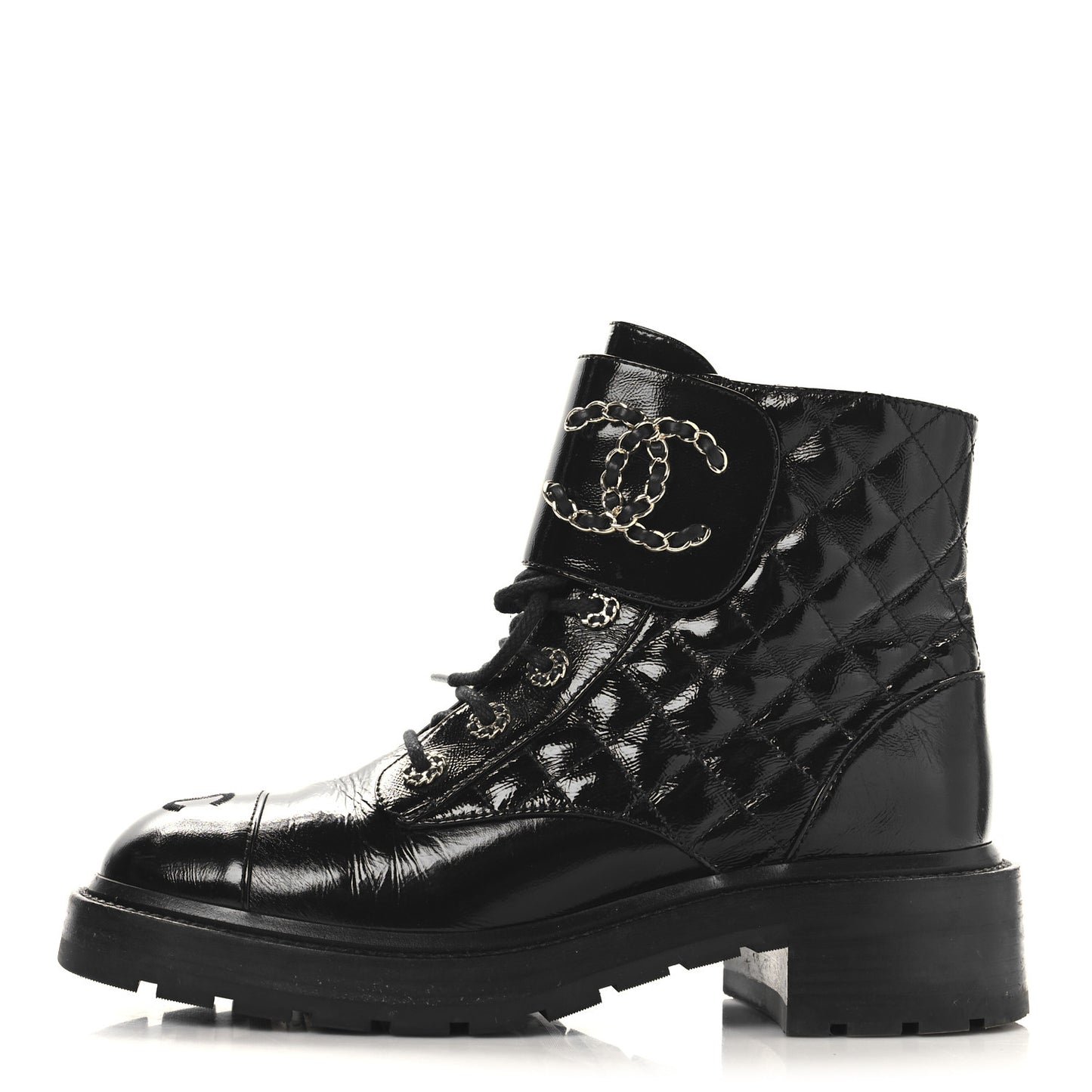 Shiny Calfskin Quilted Lace Up Combat Boots 39 Black