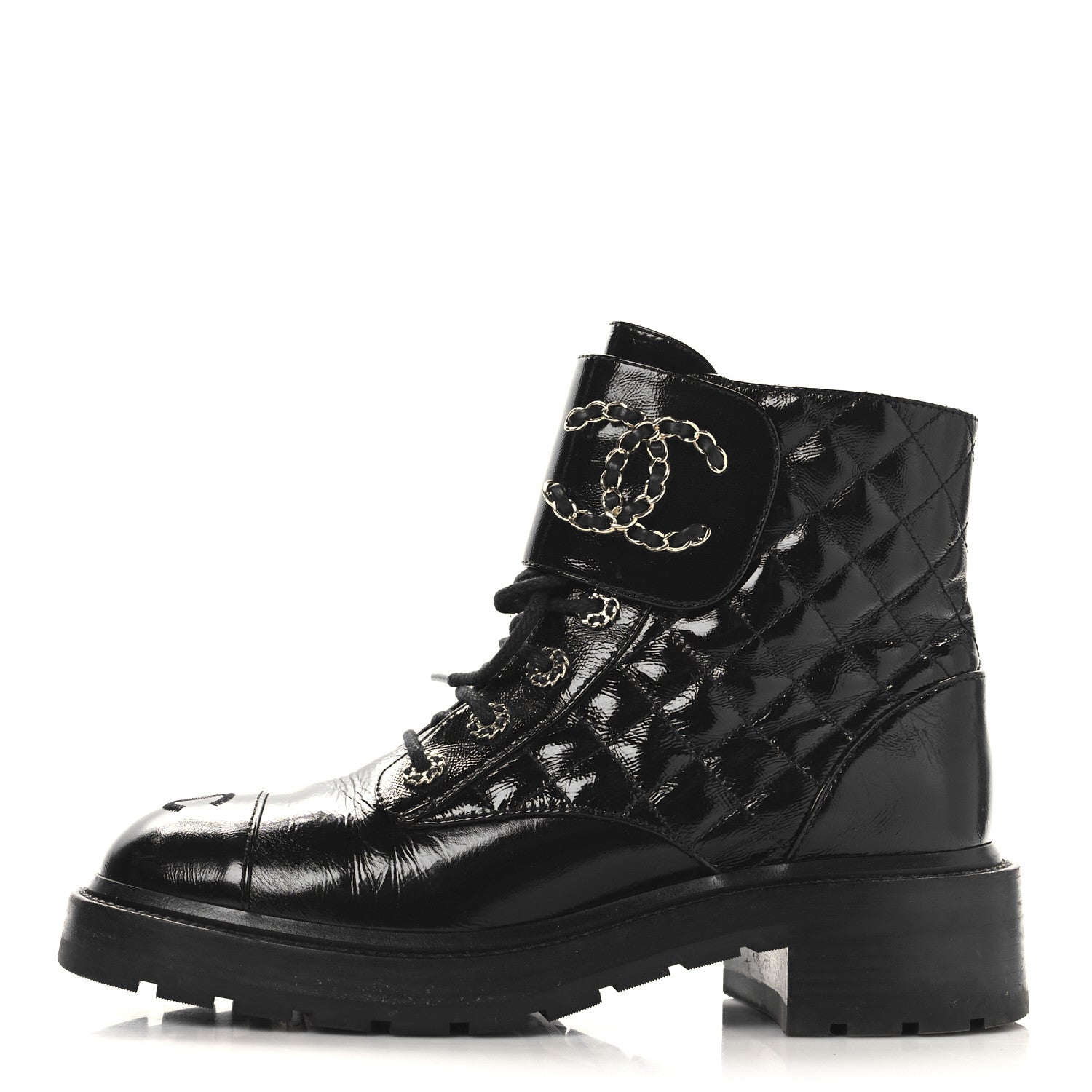 Chanel Shiny Calfskin Quilted Lace Up Combat Boots 39 Black 1 of 10