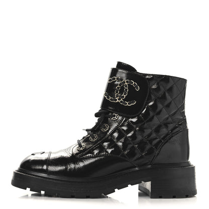 Chanel Shiny Calfskin Quilted Lace Up Combat Boots 39 Black 1 of 10