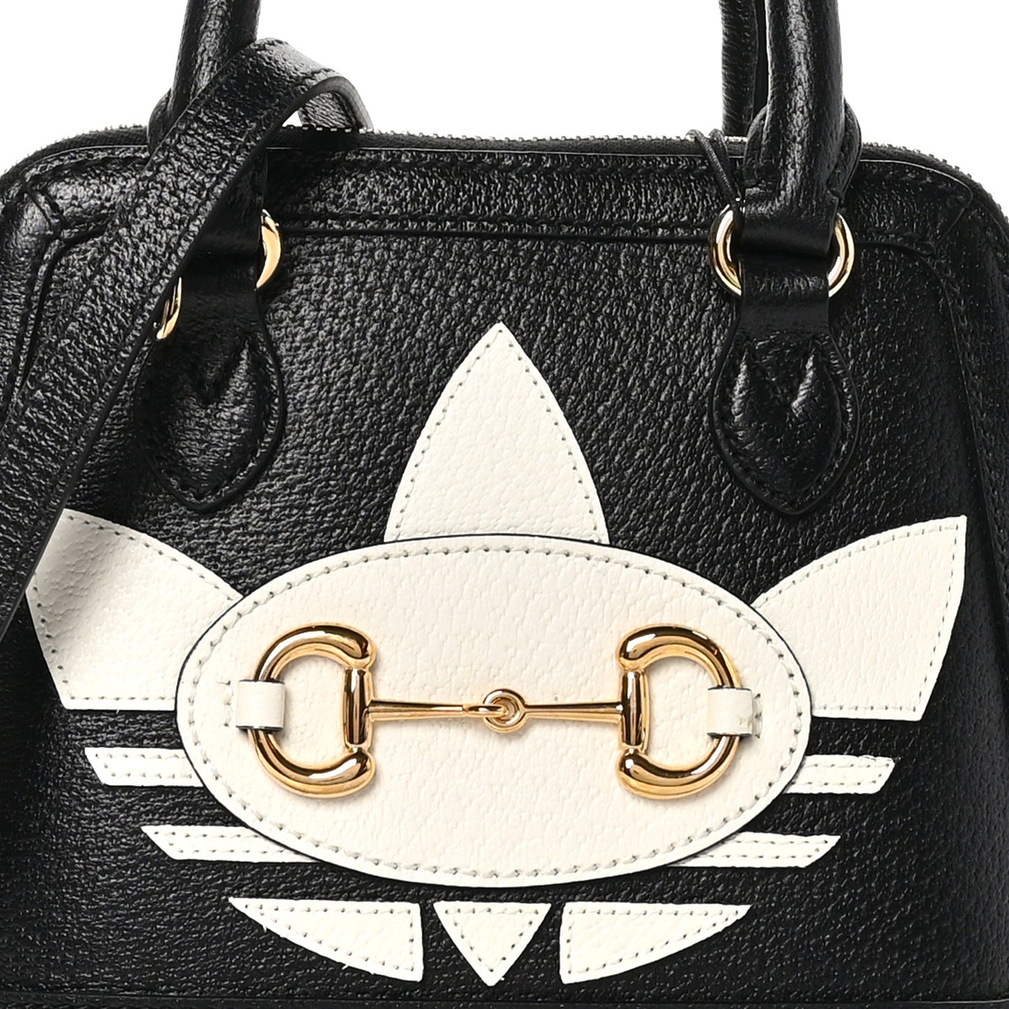 X ADIDAS Textured Dollar Calfskin Web Trefoil Mini Horsebit 1955 Top Handle Bag Black Off White