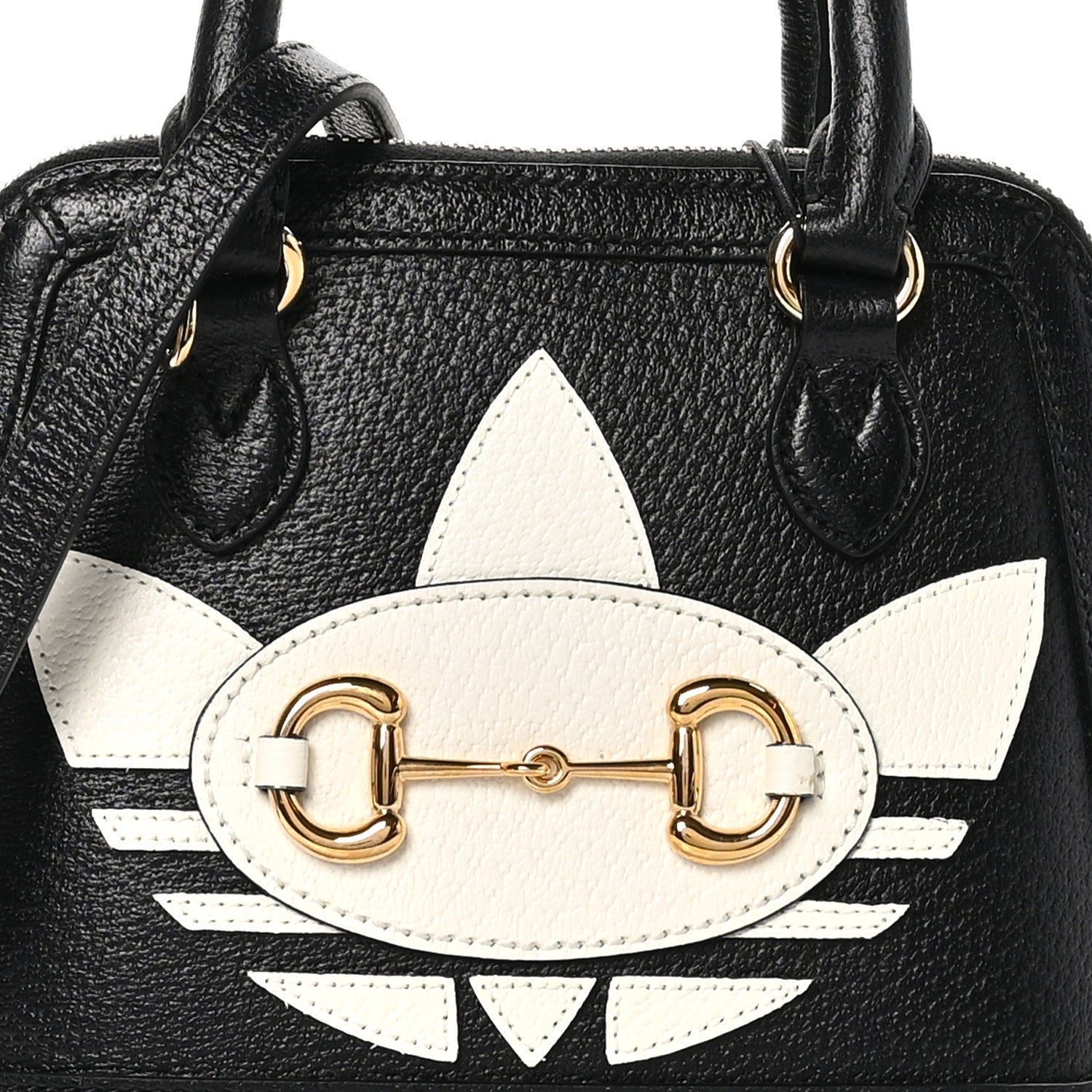 Gucci X ADIDAS Textured Dollar Calfskin Web Trefoil Mini Horsebit 1955 Top Handle Bag Black Off White 8 of 10
