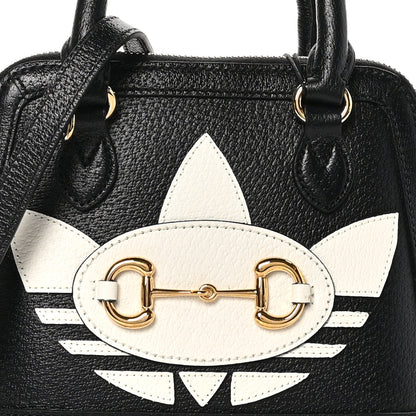 Gucci X ADIDAS Textured Dollar Calfskin Web Trefoil Mini Horsebit 1955 Top Handle Bag Black Off White 8 of 10