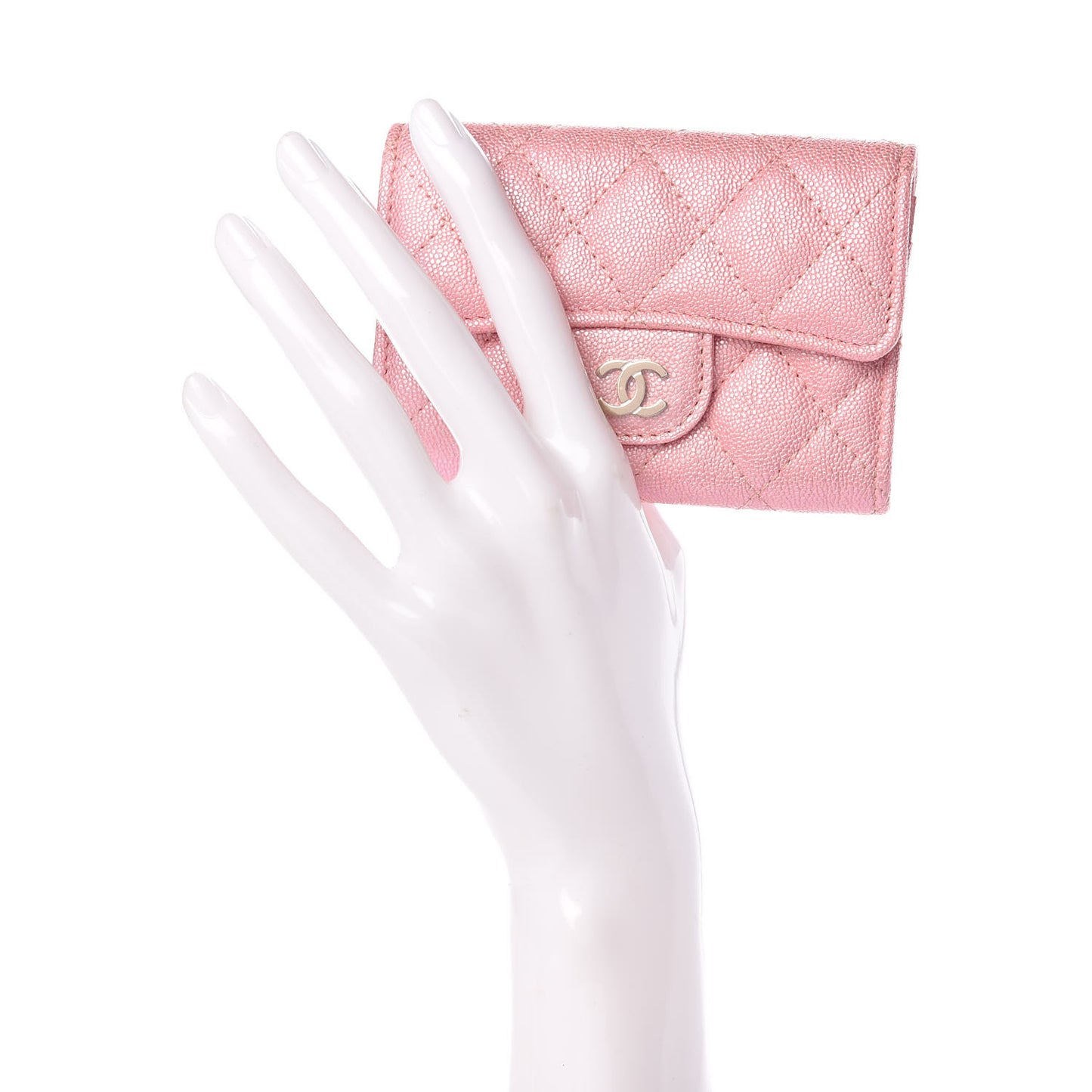 Iridescent Caviar Quilted Flap Card Holder Rose Pink