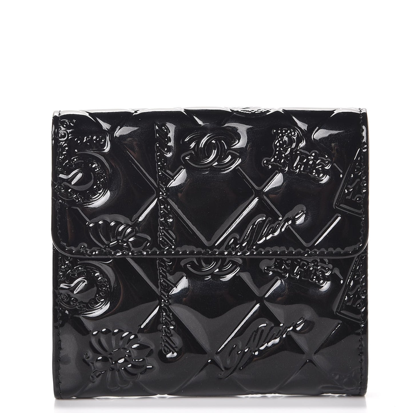 Patent Calfskin Lucky Symbols Compact French Flap Wallet Black