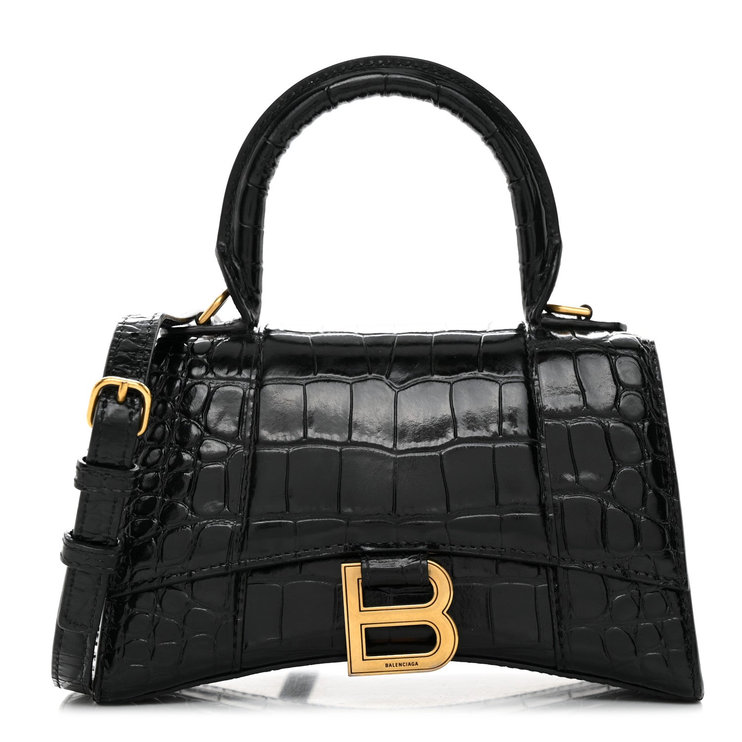 Balenciaga Shiny Calfskin Crocodile Embossed Hourglass Top Handle Bag XS Black 1 of 11
