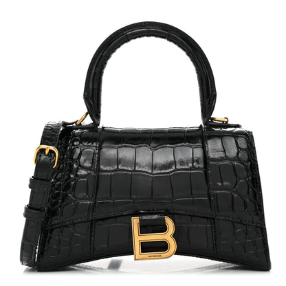 Balenciaga Shiny Calfskin Crocodile Embossed Hourglass Top Handle Bag XS Black 1 of 11