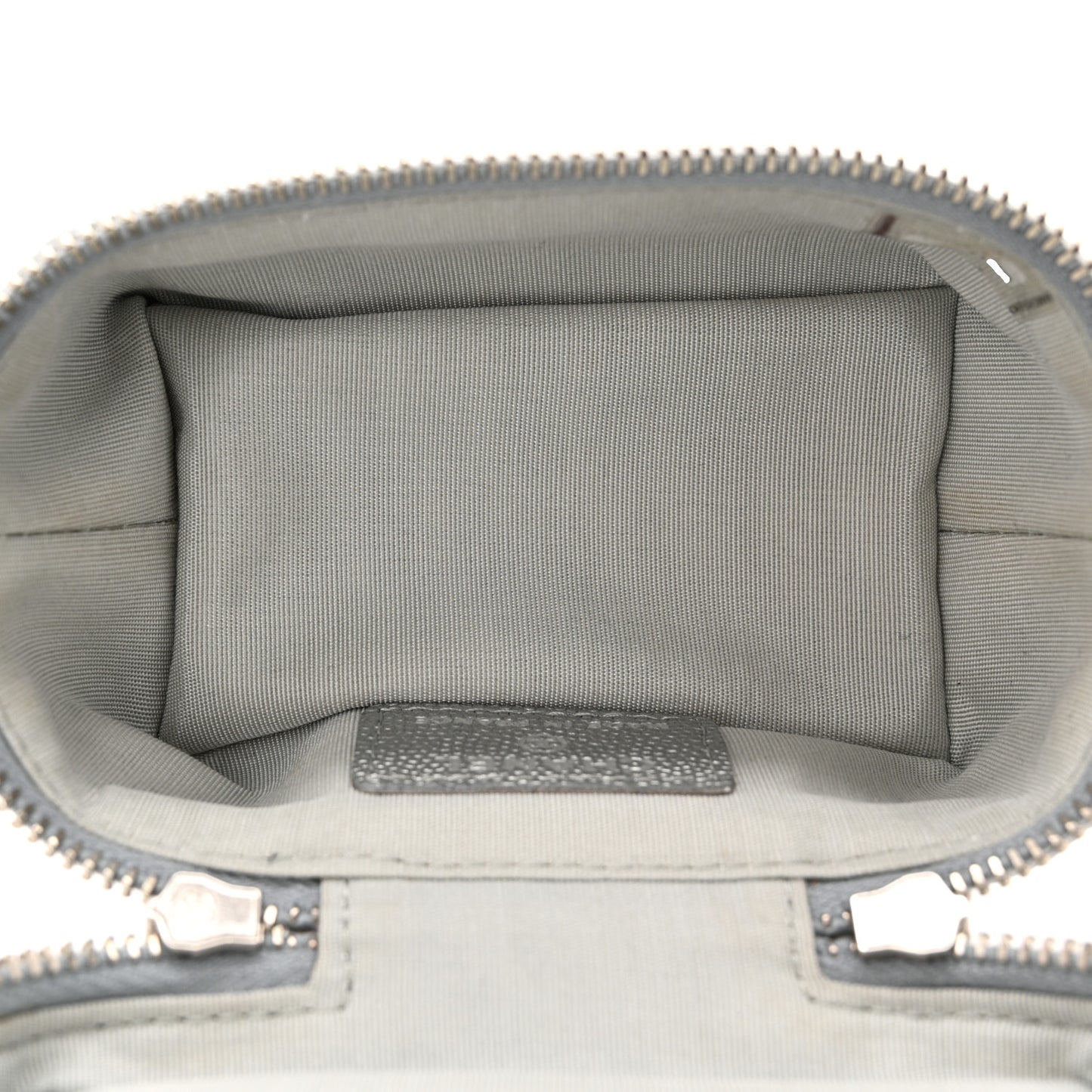 Metallic Caviar Quilted Mini Top Handle Vanity With Chain Silver