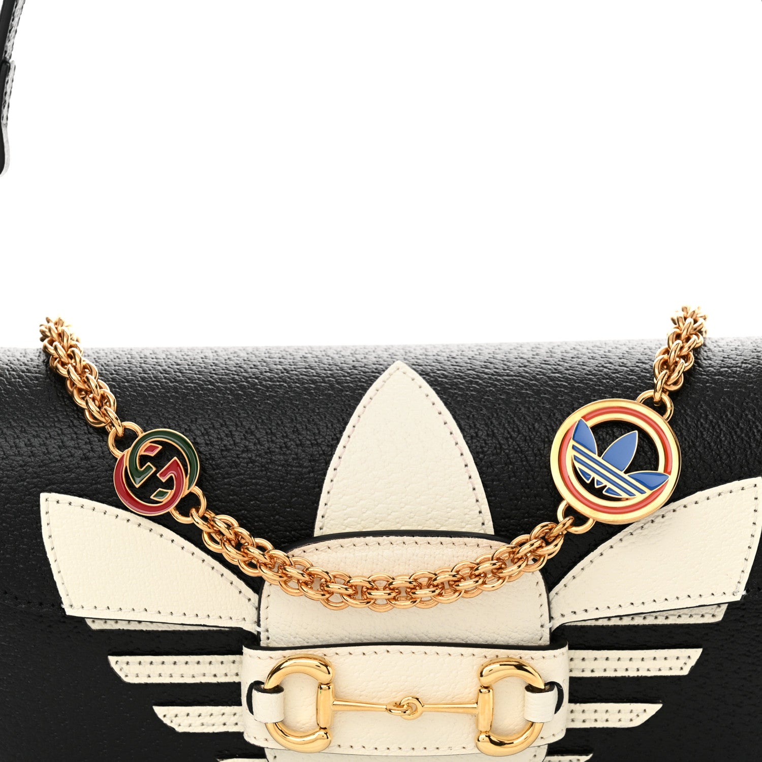 Gucci X ADIDAS Textured Dollar Calfskin Web Small Trefoil Horsebit 1955 Shoulder Bag Black Off White 8 of 11