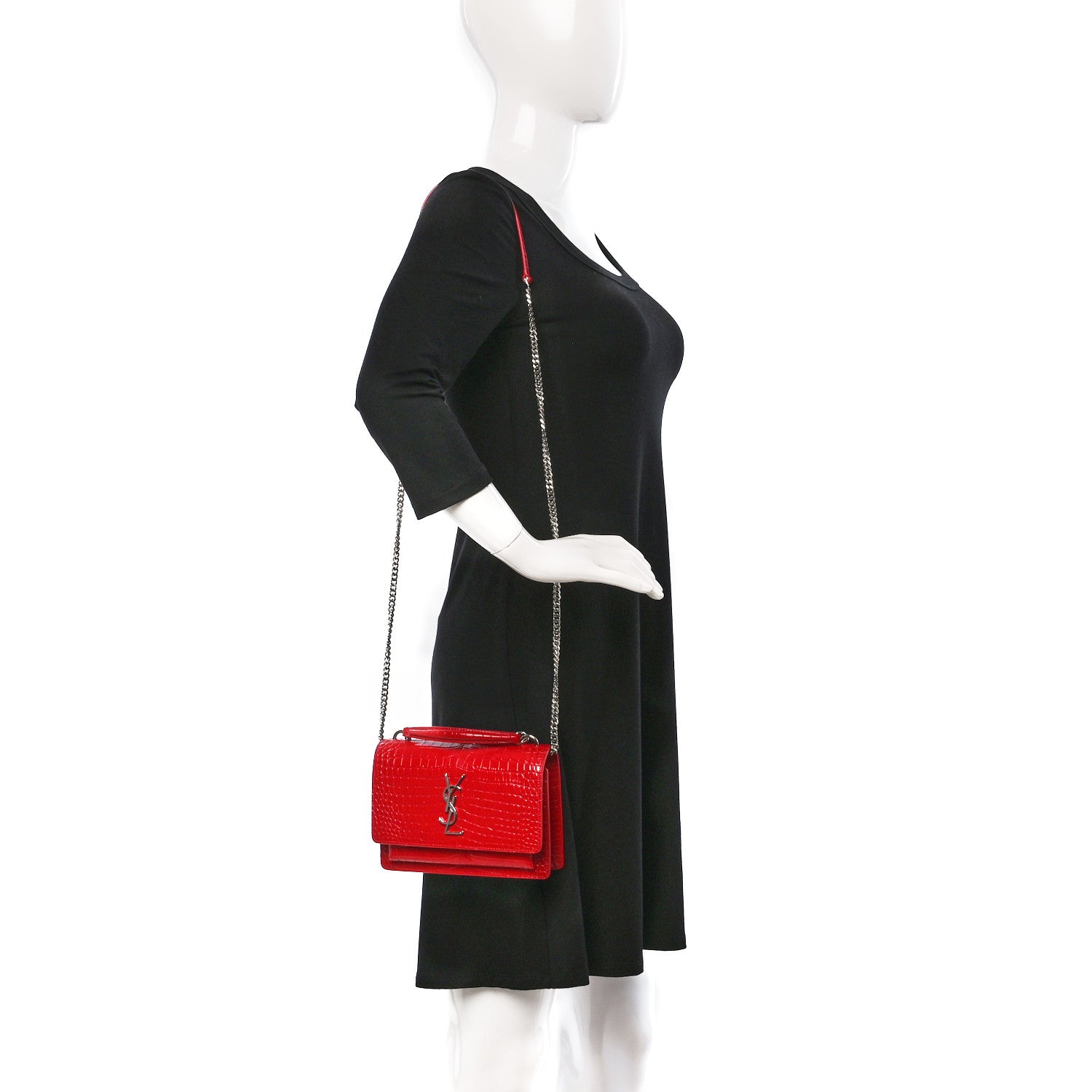 Saint Laurent Calfskin Crocodile Embossed Monogram Sunset Chain Wallet Rouge Eros 2 of 8