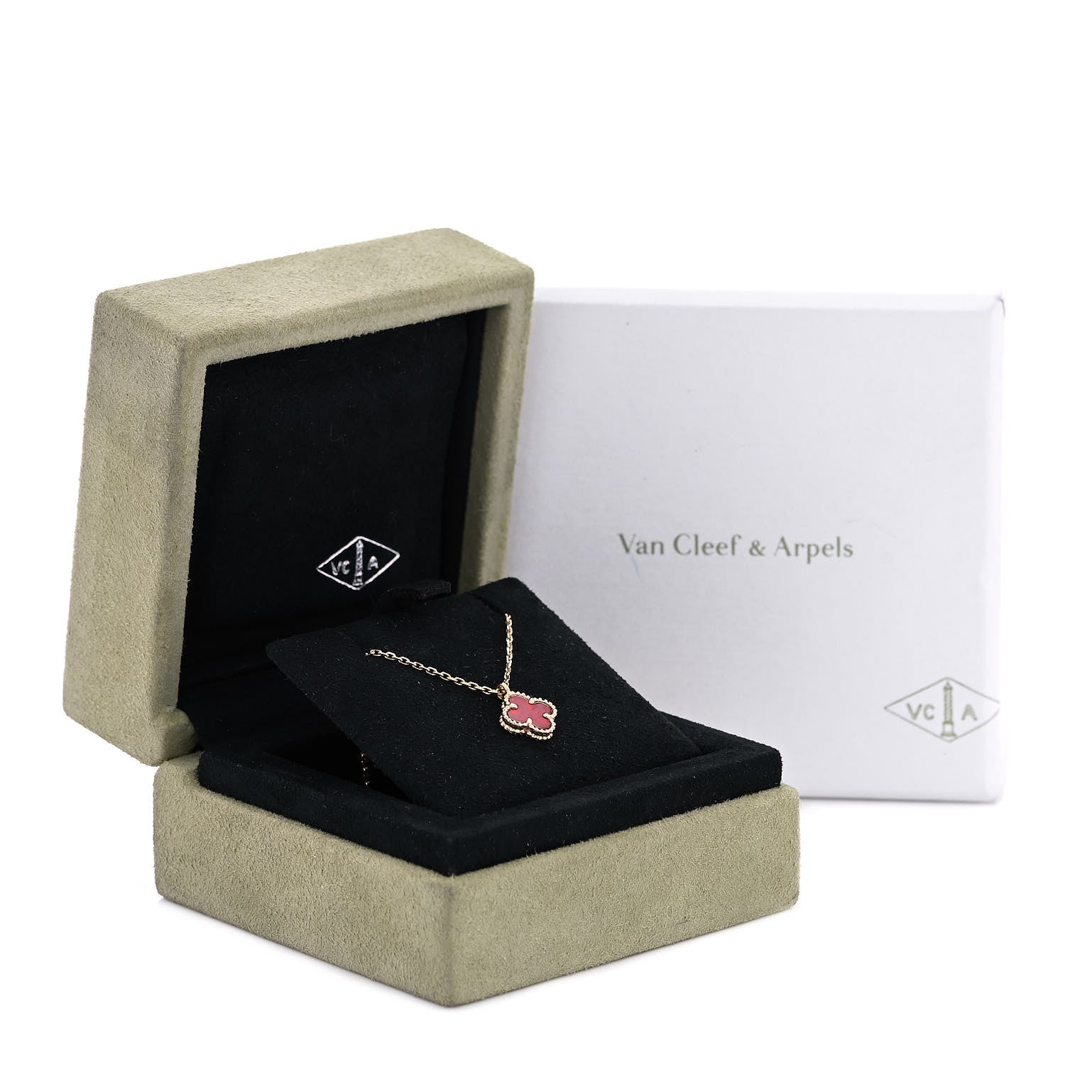 Van Cleef & Arpels 18K Rose Gold Carnelian Sweet Alhambra Pendant Necklace 7 of 7