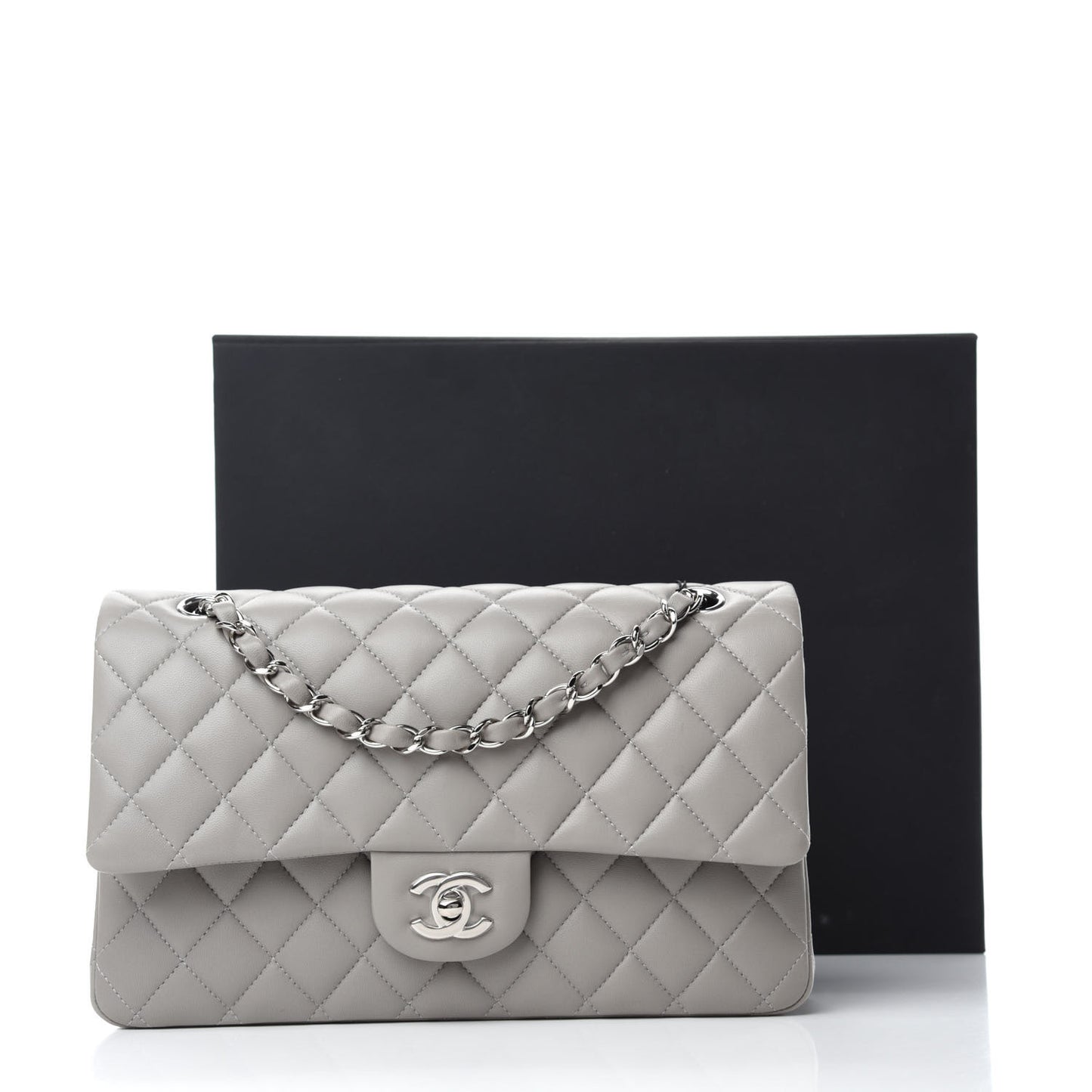 Lambskin Quilted Medium Double Flap Grey