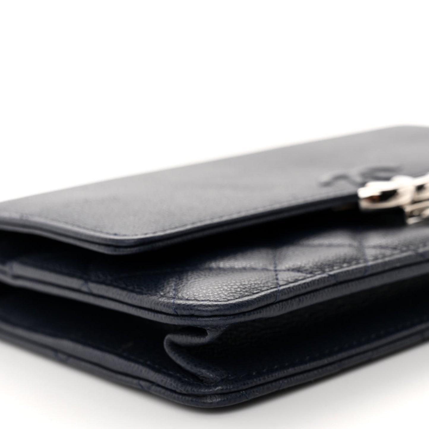 Grained Calfskin Quilted CC Box Wallet On Chain WOC Navy