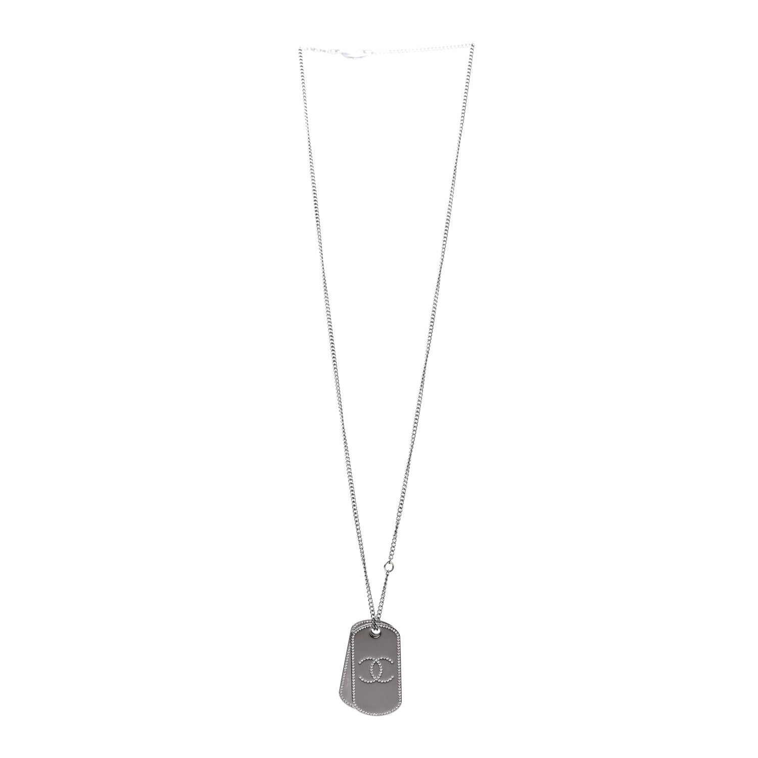 Chanel Metal Crystal Ruthenium Dog Tag Charm Necklace Silver 3 of 5