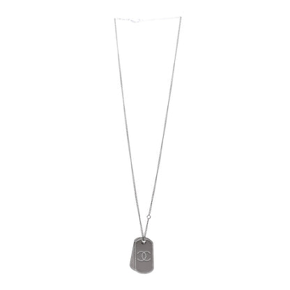 Chanel Metal Crystal Ruthenium Dog Tag Charm Necklace Silver 3 of 5