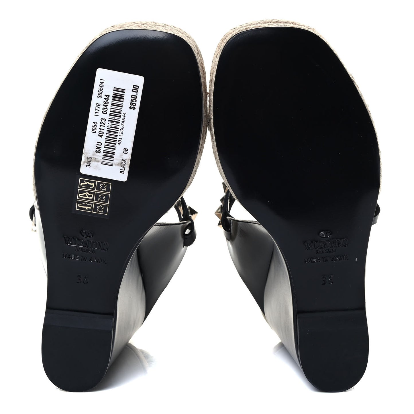Calfskin Rockstud Ankle Strap Espadrille 20/110mm Wedge Sandals 36 Black