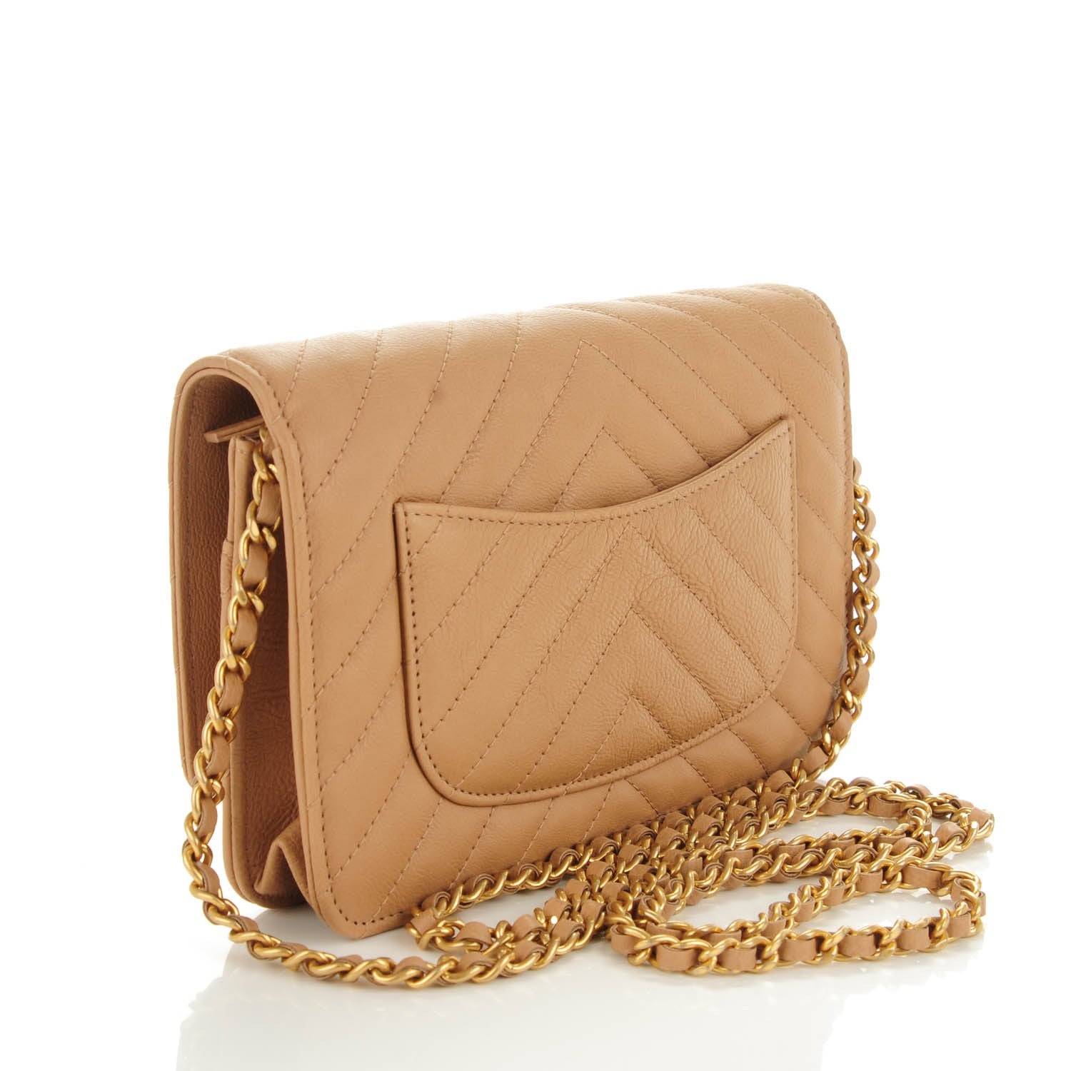 Chanel Calfskin Chevron Quilted Wallet On Chain WOC Beige 3 of 8