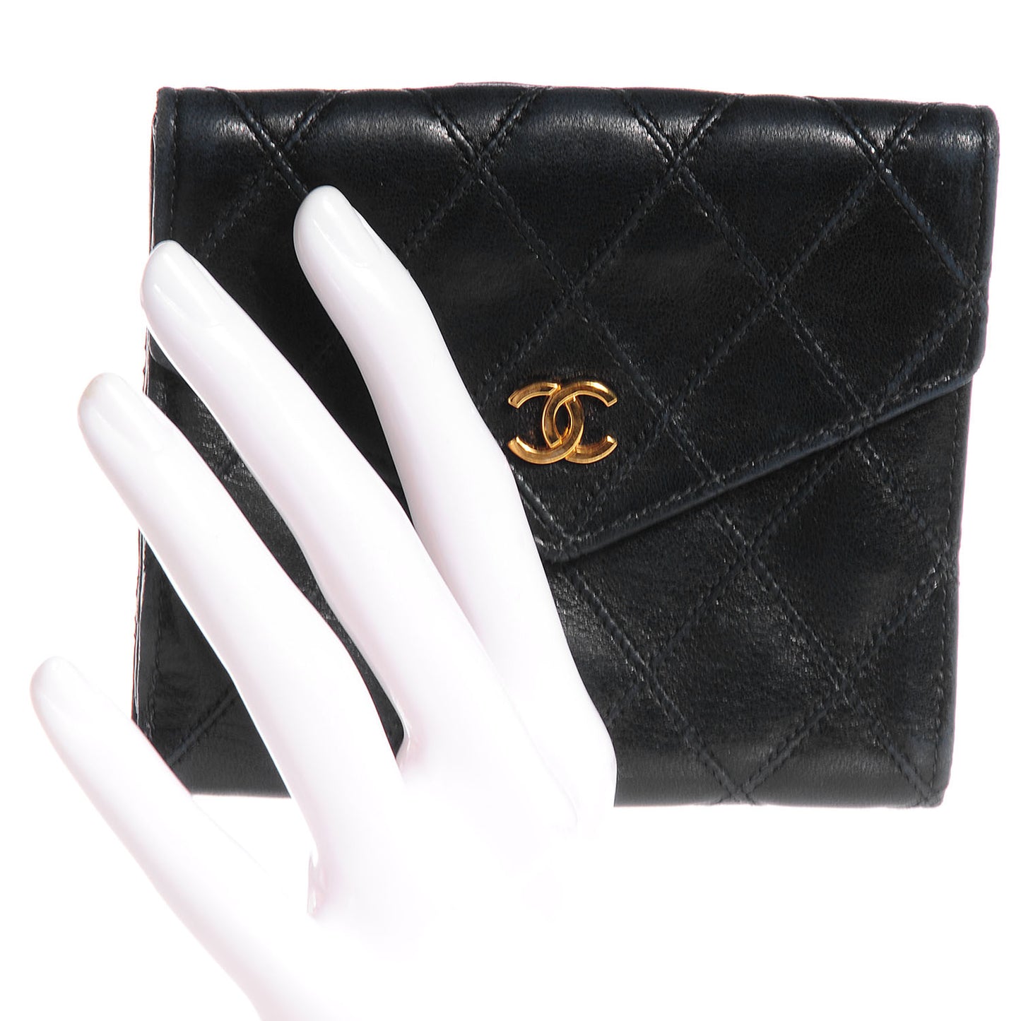Calfskin Diamond Stitched Compact Wallet Black