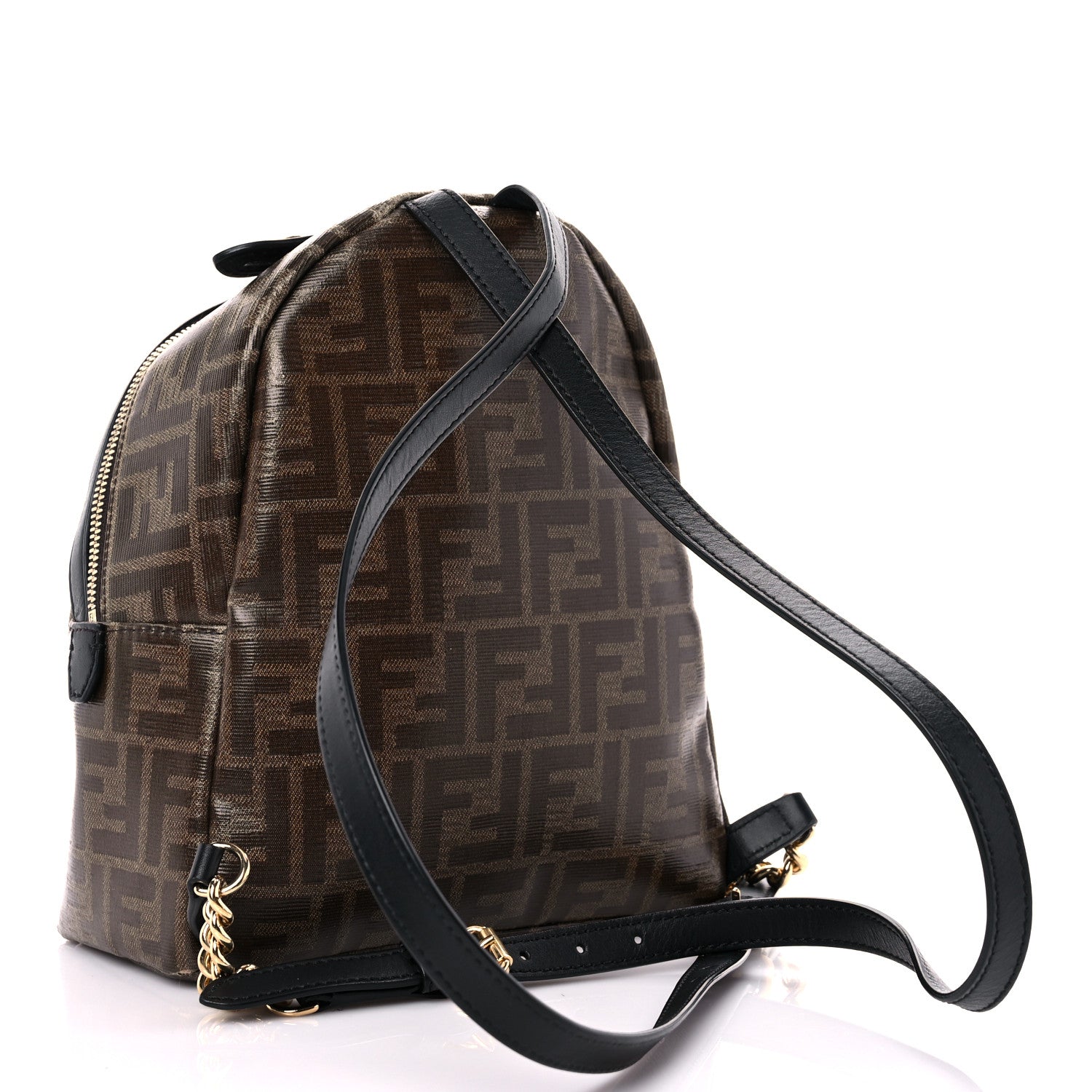 Fendi Glazed Fabric Vitello Century FF 1974 Stamp Patch Mini Backpack Mogano Panna Black 3 of 16