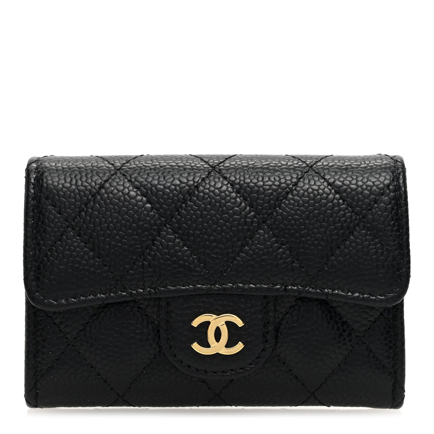 Caviar Quilted Flap Card Holder Wallet Black