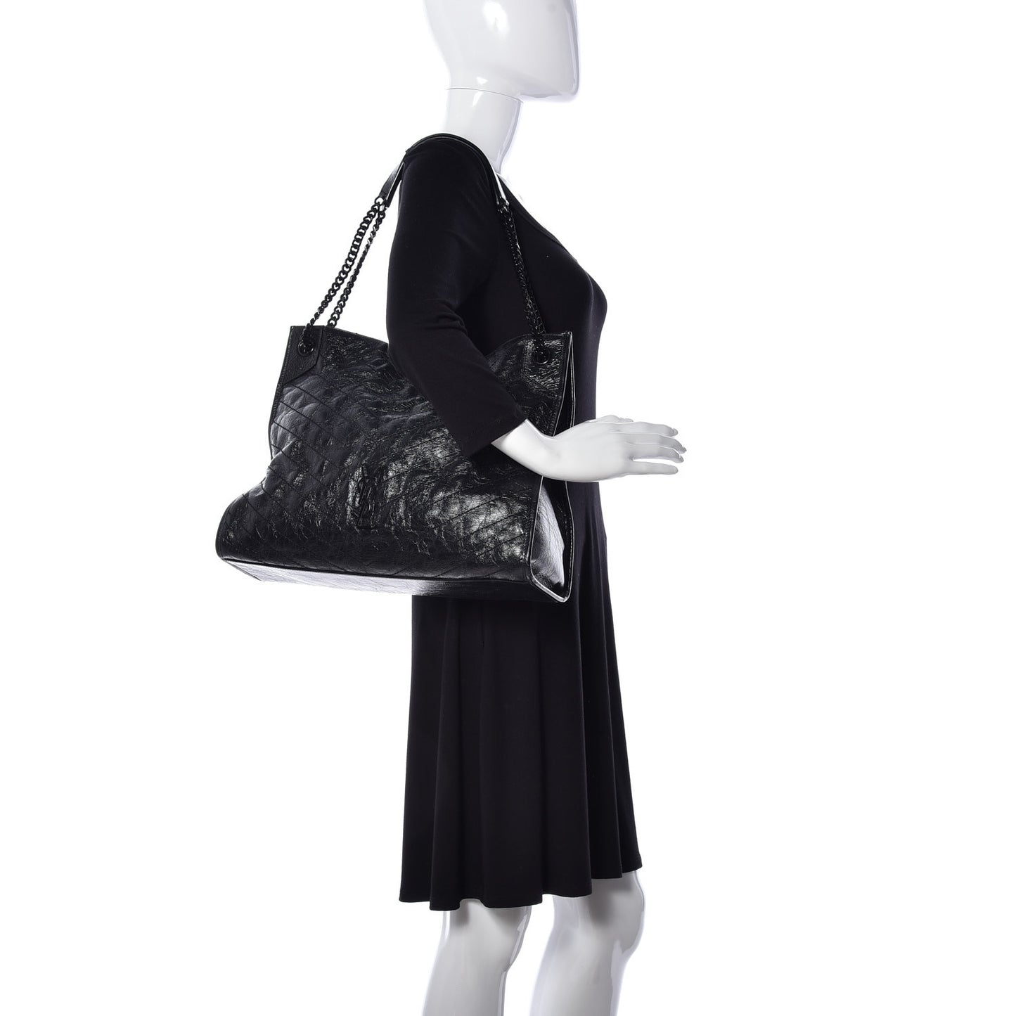 Crinkled Calfskin Matelasse Monogram Large Niki Shopper Tote Black