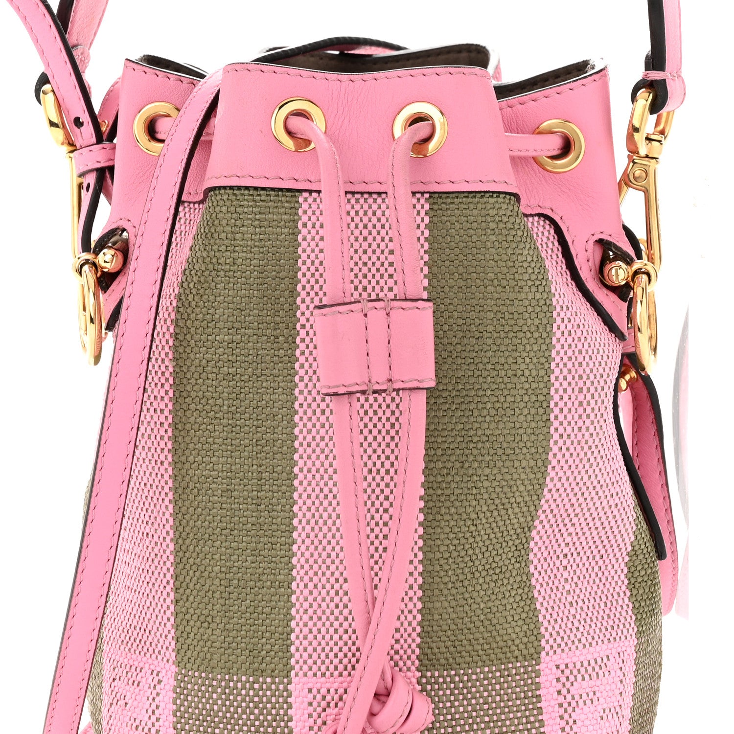 Fendi Raffia Vitello Seta F is Fendi Pequin Gingham Woven Mini Mon Tresor Bucket Bag Military Rosa Lollypop 8 of 12