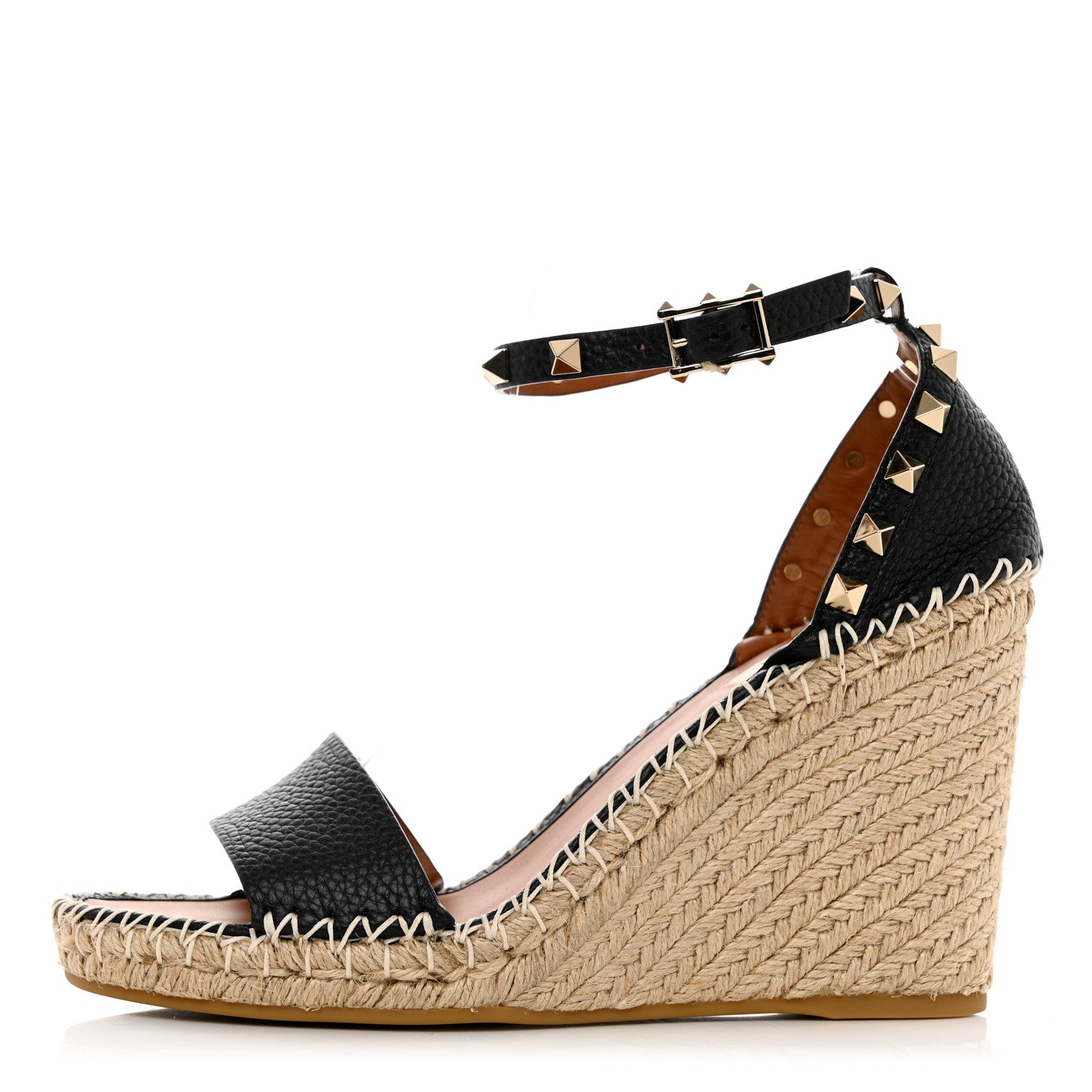 Valentino Garavani Grained Calfskin Rockstud Ankle Strap Espadrille 15/105mm Wedge Sandals 39 Black Light Cuir Natural 1 of 11