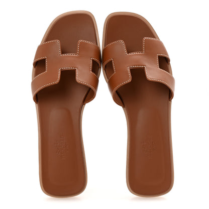 Hermes Box Calfskin Oran Sandals 36.5 Gold 2 of 10