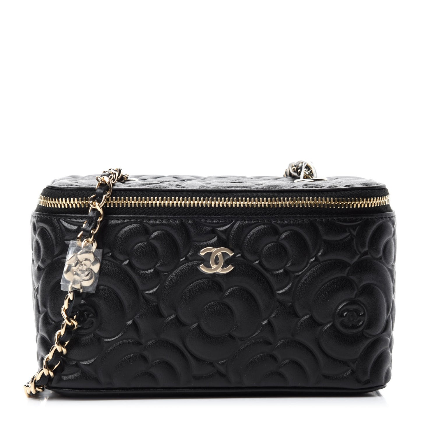 Lambskin Camellia Embossed Small Vanity Case With Chain Black